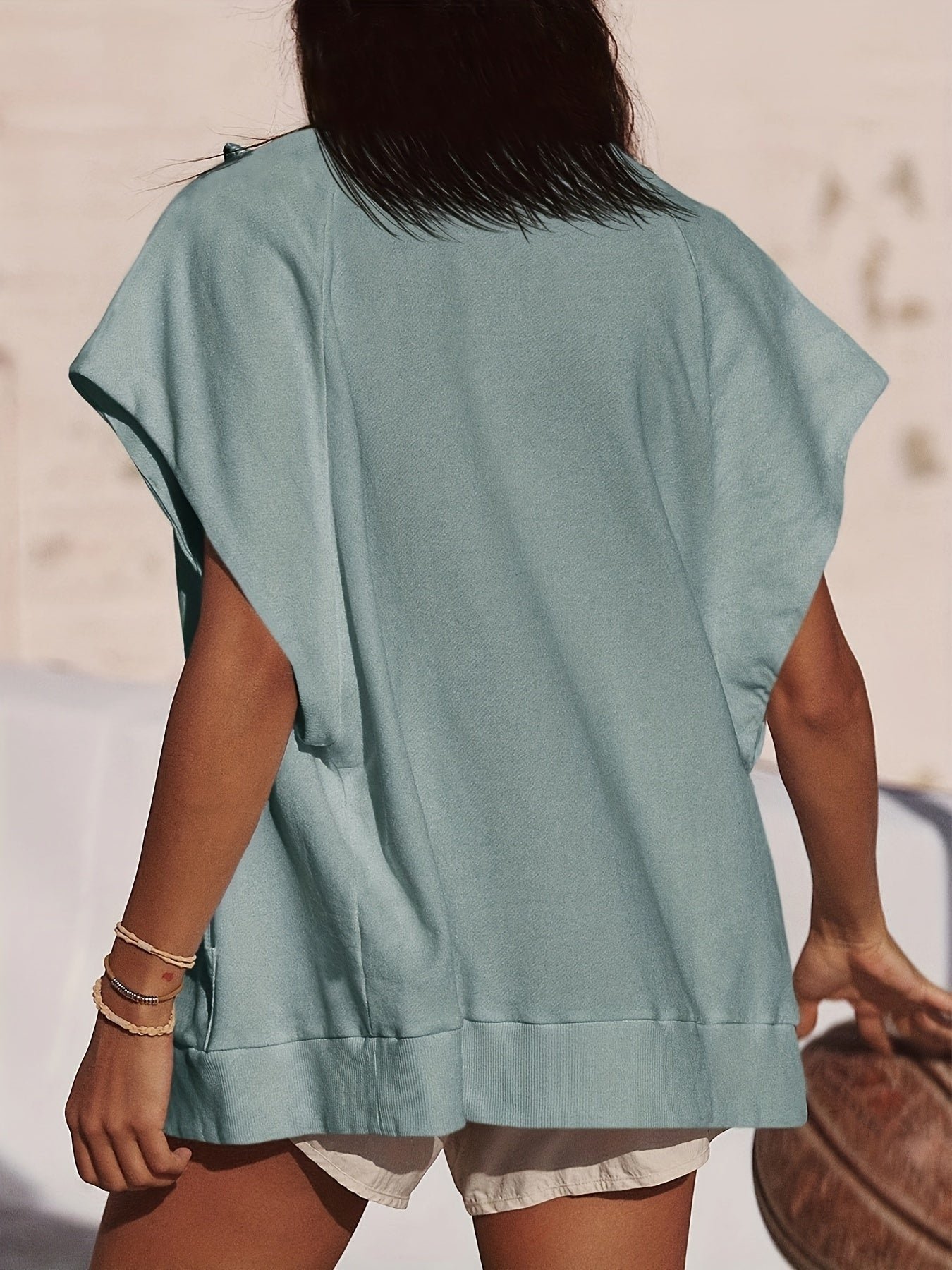 Solid Color Zipper Kangaroo Pockets Jacket, Versatile Cap Sleeve Loose Outwear For Spring & Summer, Women's Clothing