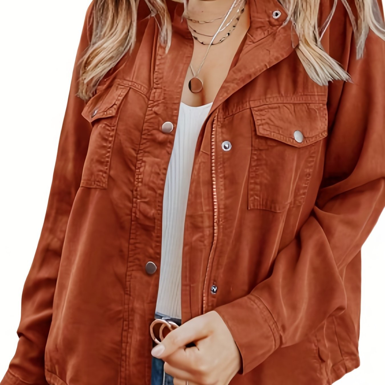 Solid Button Front Jacket, Casual Long Sleeve Zipper Versatile Outerwear, Women's Clothing