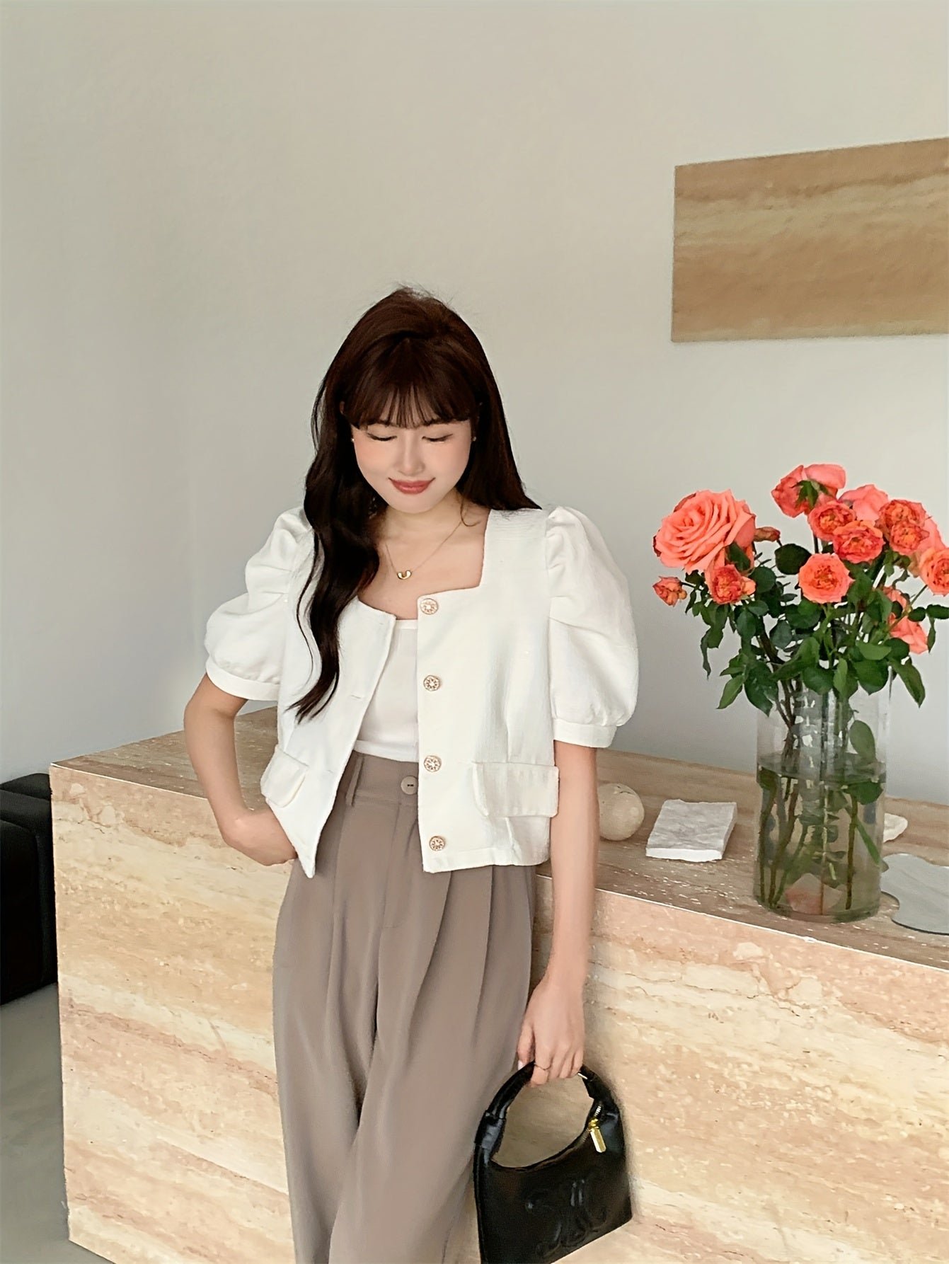 Puff Sleeve Square Neck Jacket, Elegant Button Front Jacket For Spring & Fall, Women's Clothing