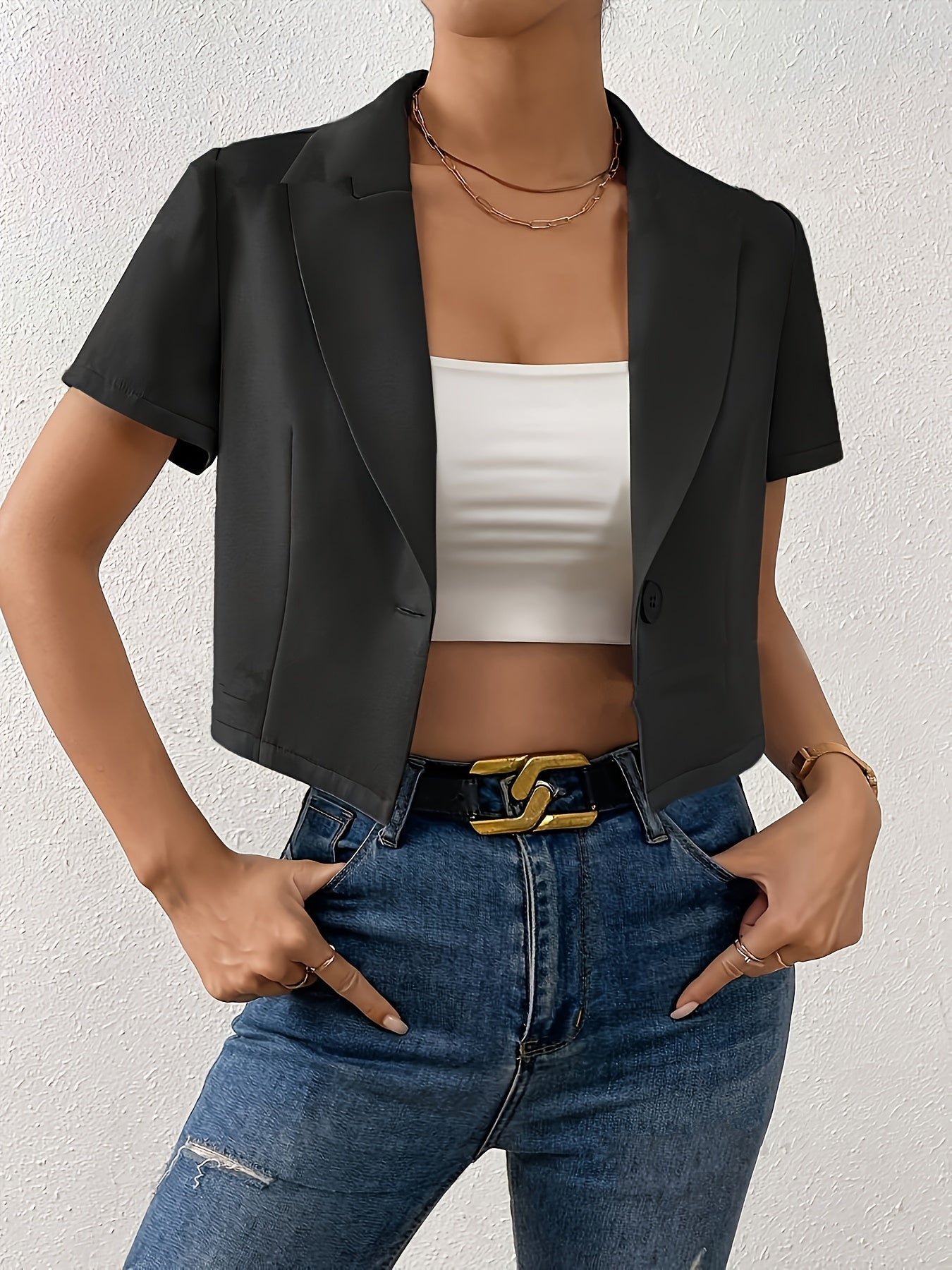 Solid Color Button Crop Jacket, Chic Lapel Neck Short Sleeve Jacket For Spring & Summer, Women's Clothing