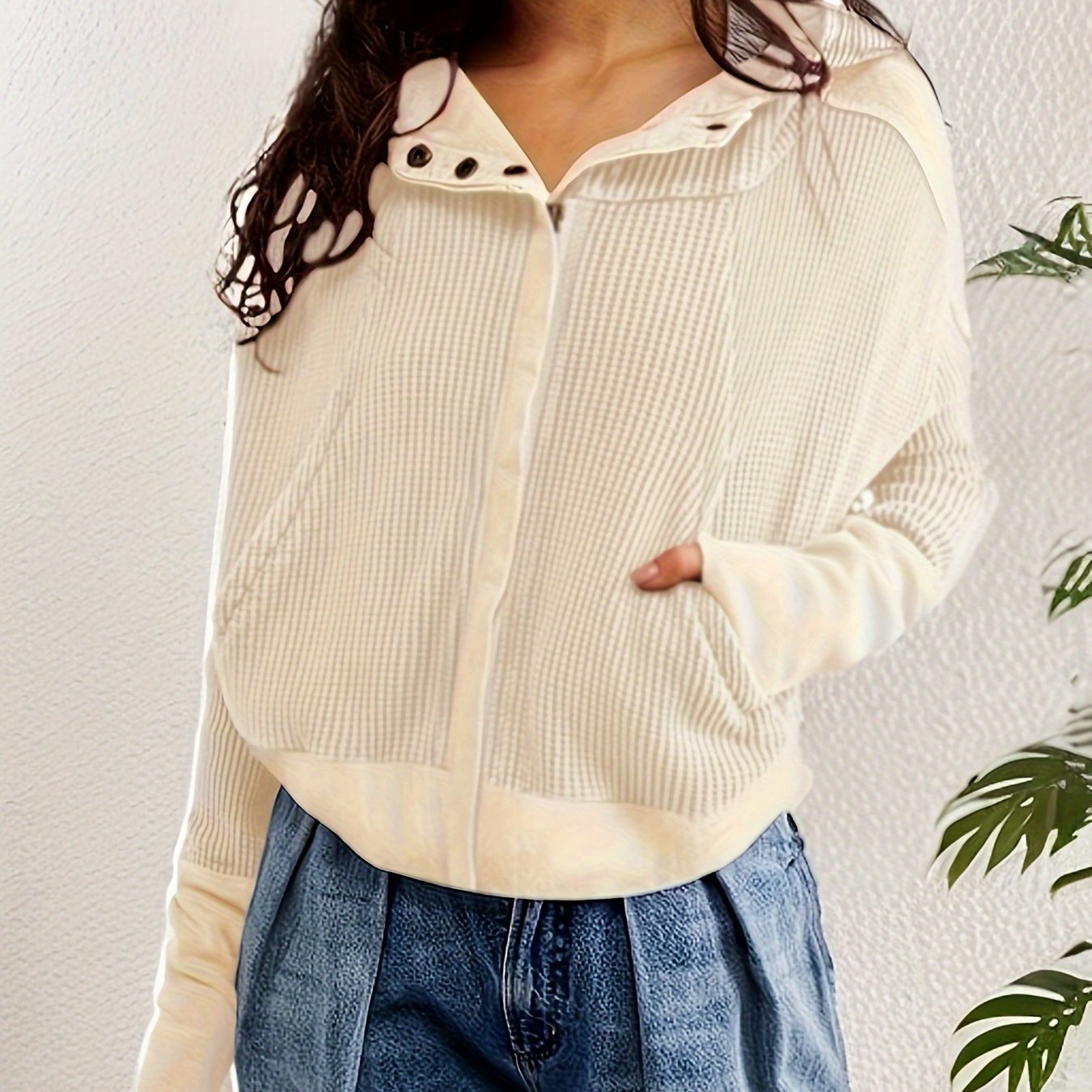 Zip-up Panel Textured Hoodie, Casual Long Sleeve Slant Pockets Jacket, Women's Clothing