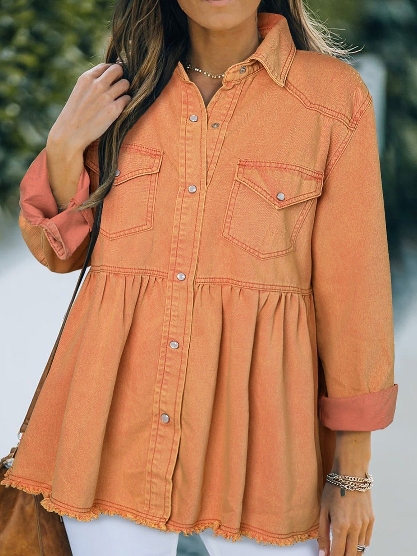 Women's Casual Long Sleeve Denim Button Down Shirt, Ruffled-Hem Denim Jacket