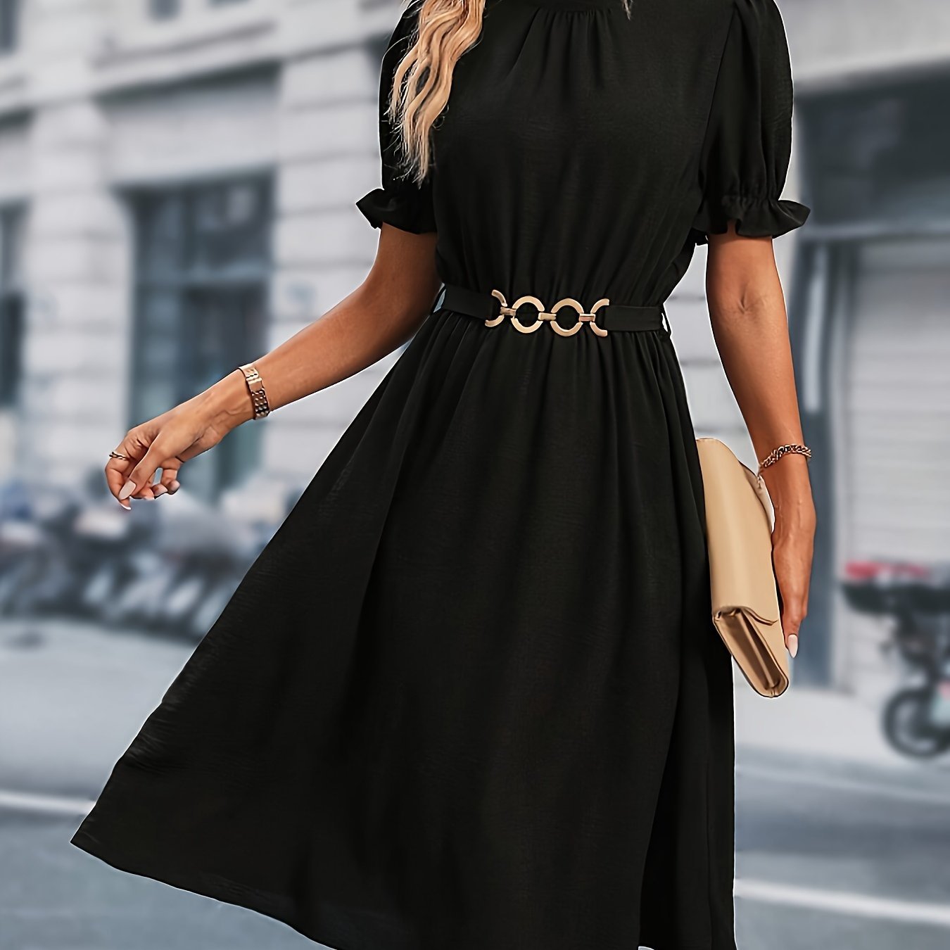 Chain Belted Puff Sleeve Dress, Elegant Summer Mock Neck Knee Length Dress For Spring & Summer, Women's Clothing