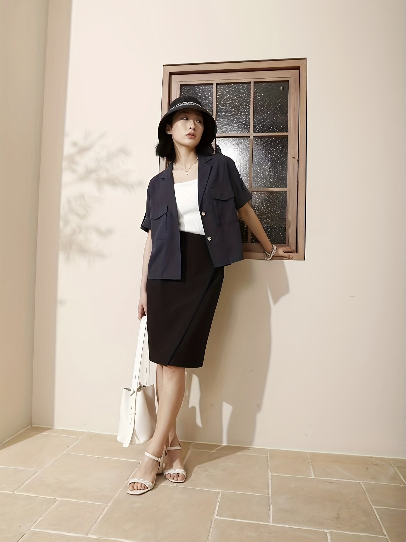 Solid Flap Jacket Button Up Jacket, Casual Short Sleeve Lapel Collar Loose Jaket, Women's Clothing