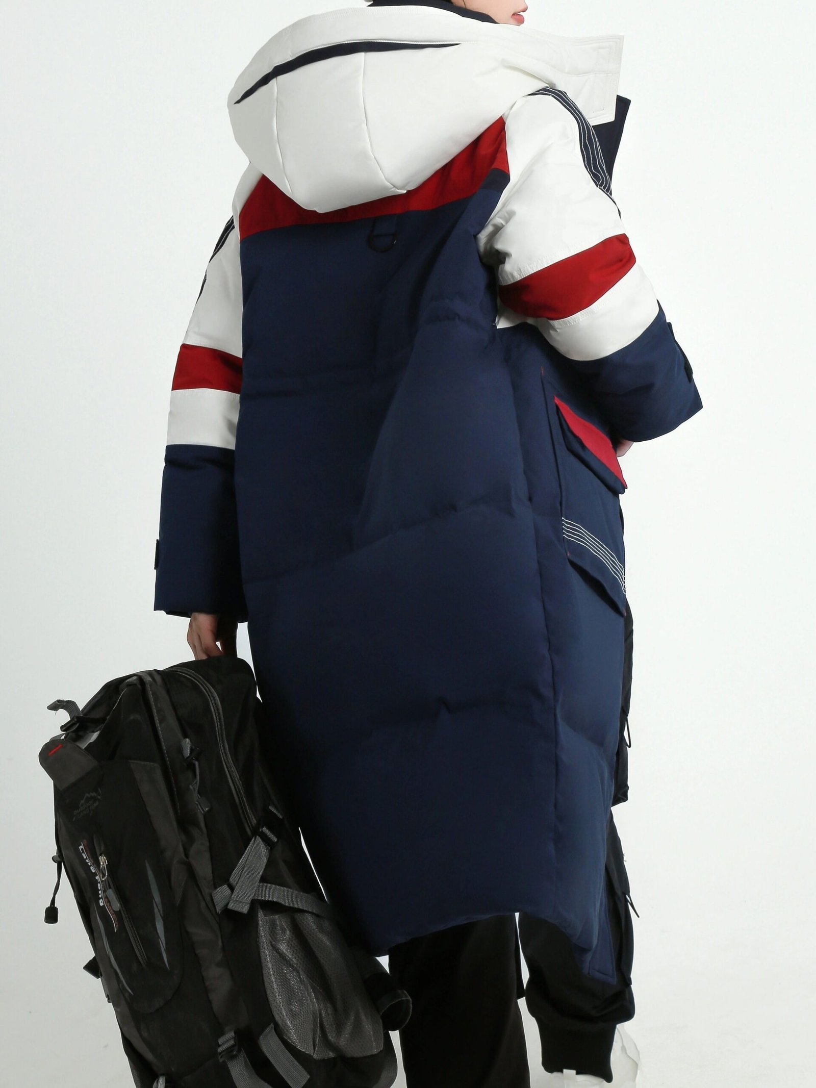 Color Block Hooded Down Jacket, Casual Stand Collar Long Sleeve Winter Warm Outerwear, Women's Clothing