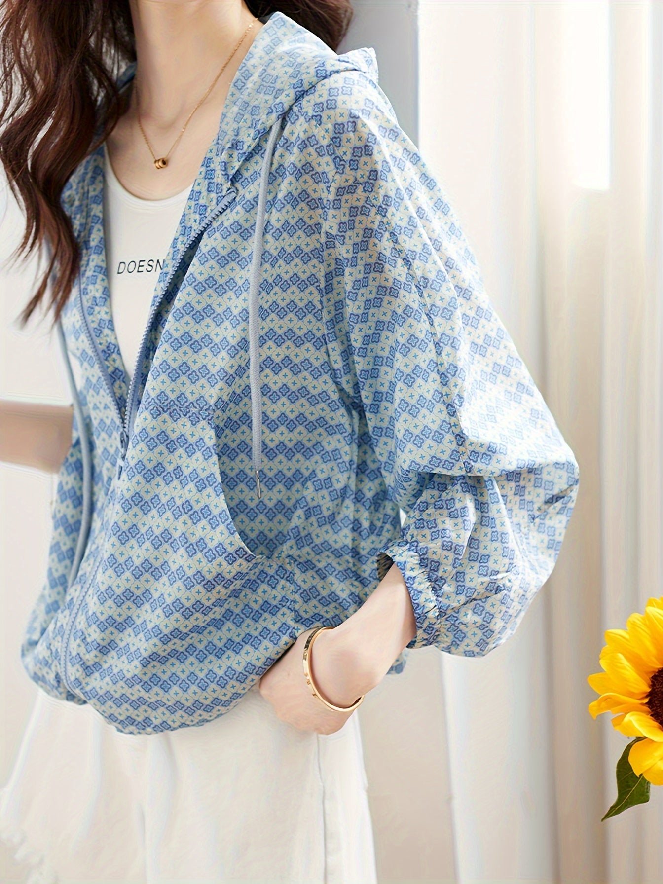 56e664d5-f538-4577-b94e-f18441c8c55a-1 Allover Print Zipper Front Jacket, Casual Long Sleeve Drawstring Hooded Outwear For Spring & Fall, Women's Clothing