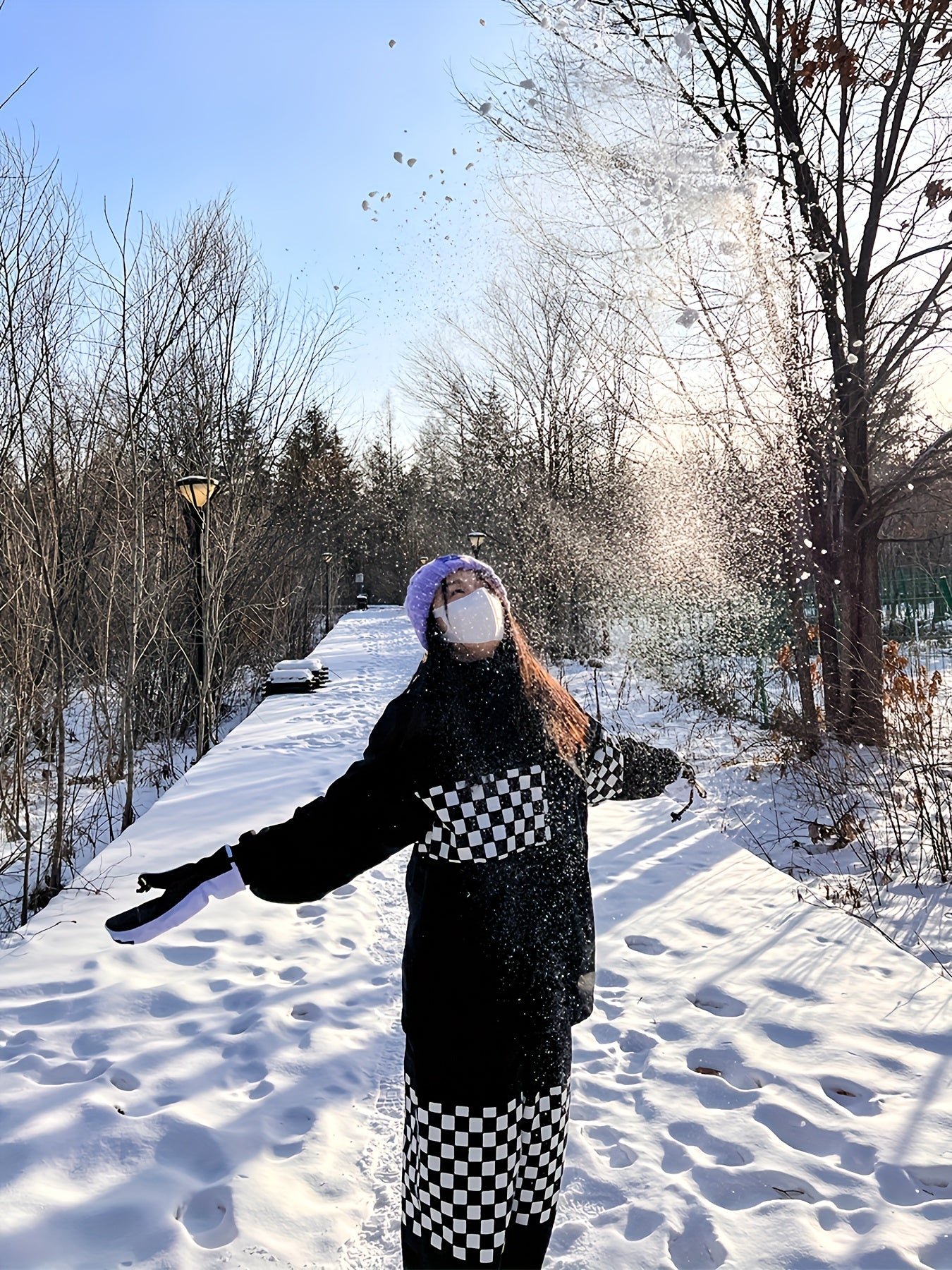 Ski Suit, Checkered Windproof Waterproof Ski Top & Ski Pants Suit, Women's Activewear