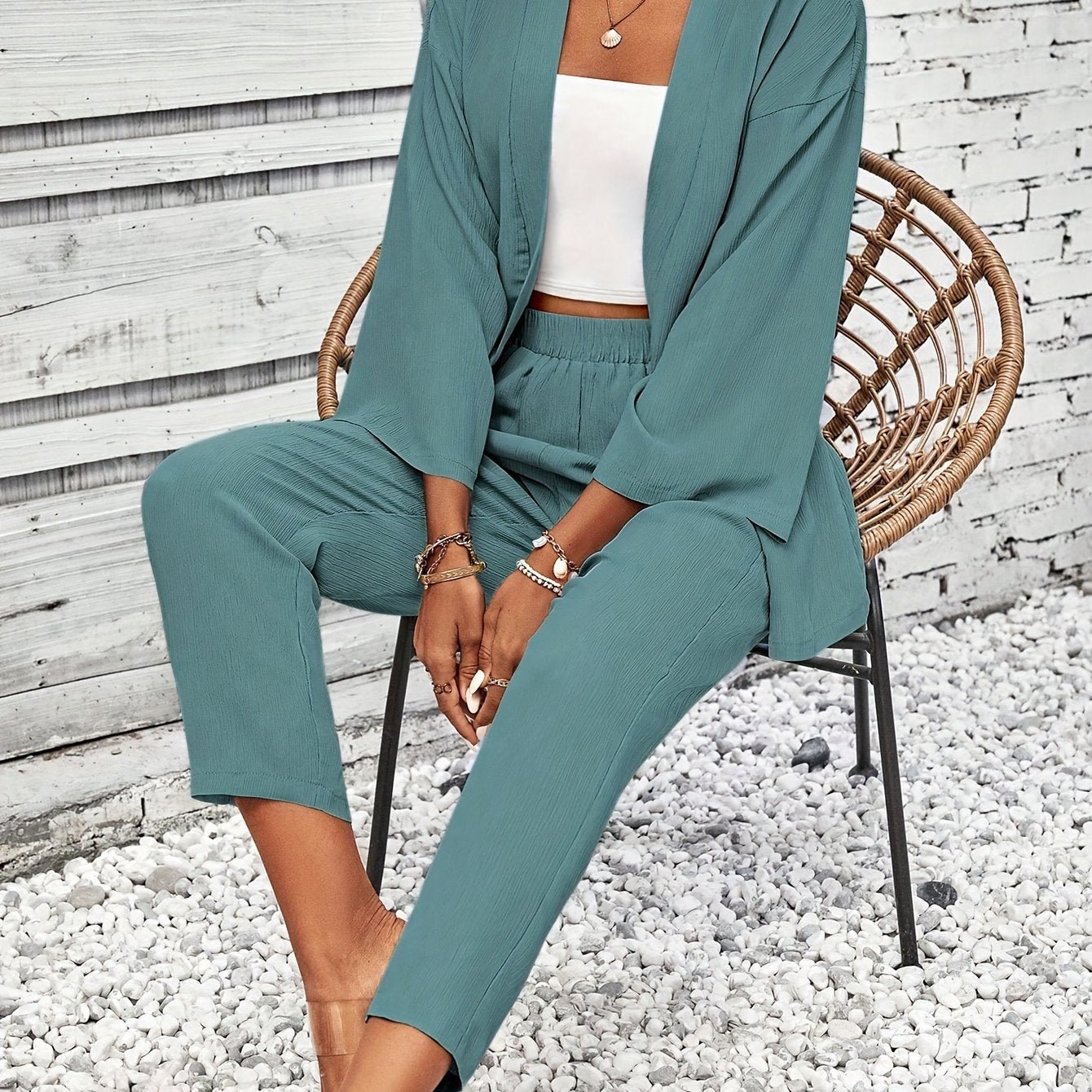 Elegant Solid Color Pantsuits Set, Open Front Outwear & Straight Leg Pants Outfits, Women's Clothing
