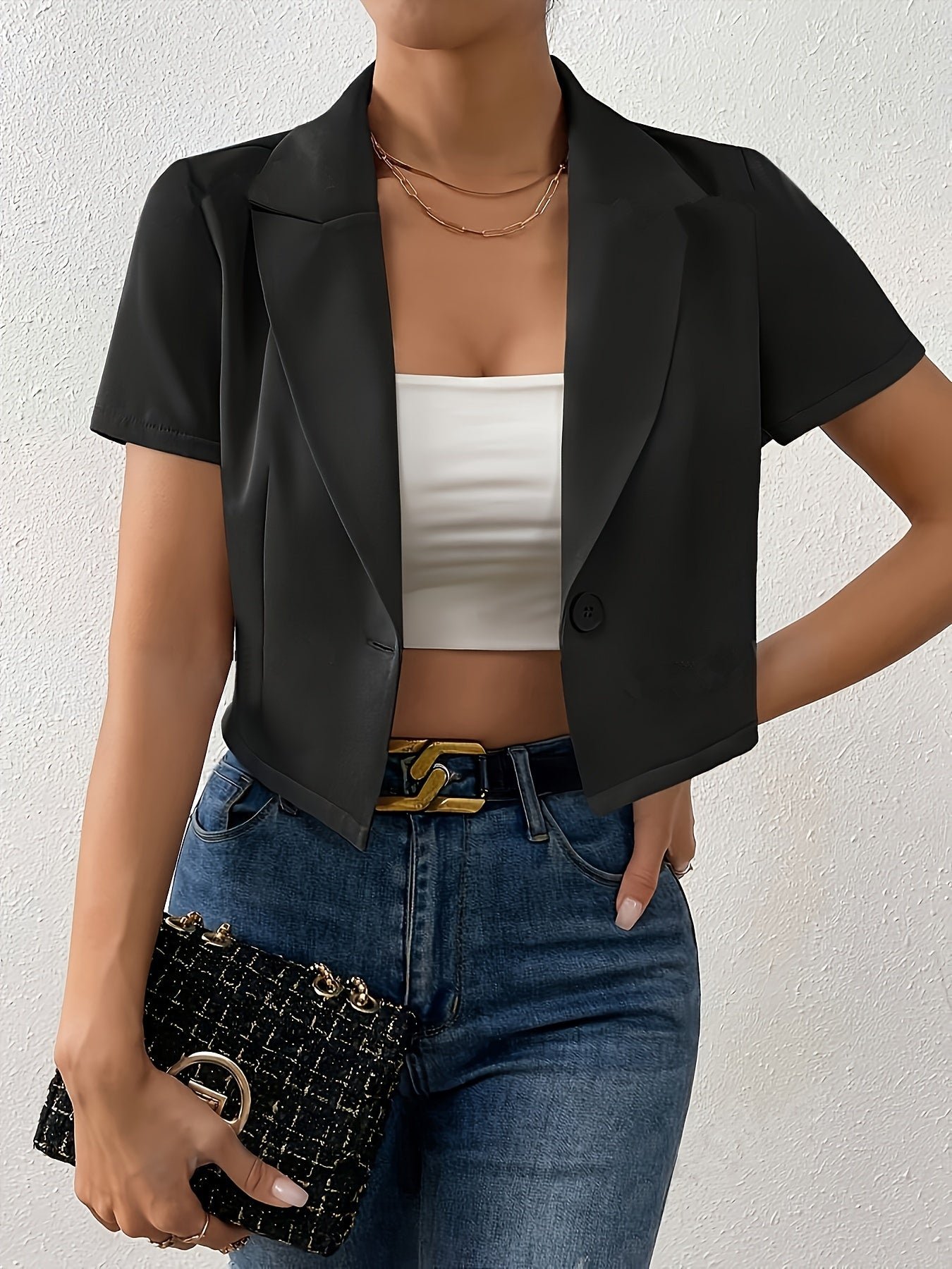 Solid Color Button Crop Jacket, Chic Lapel Neck Short Sleeve Jacket For Spring & Summer, Women's Clothing