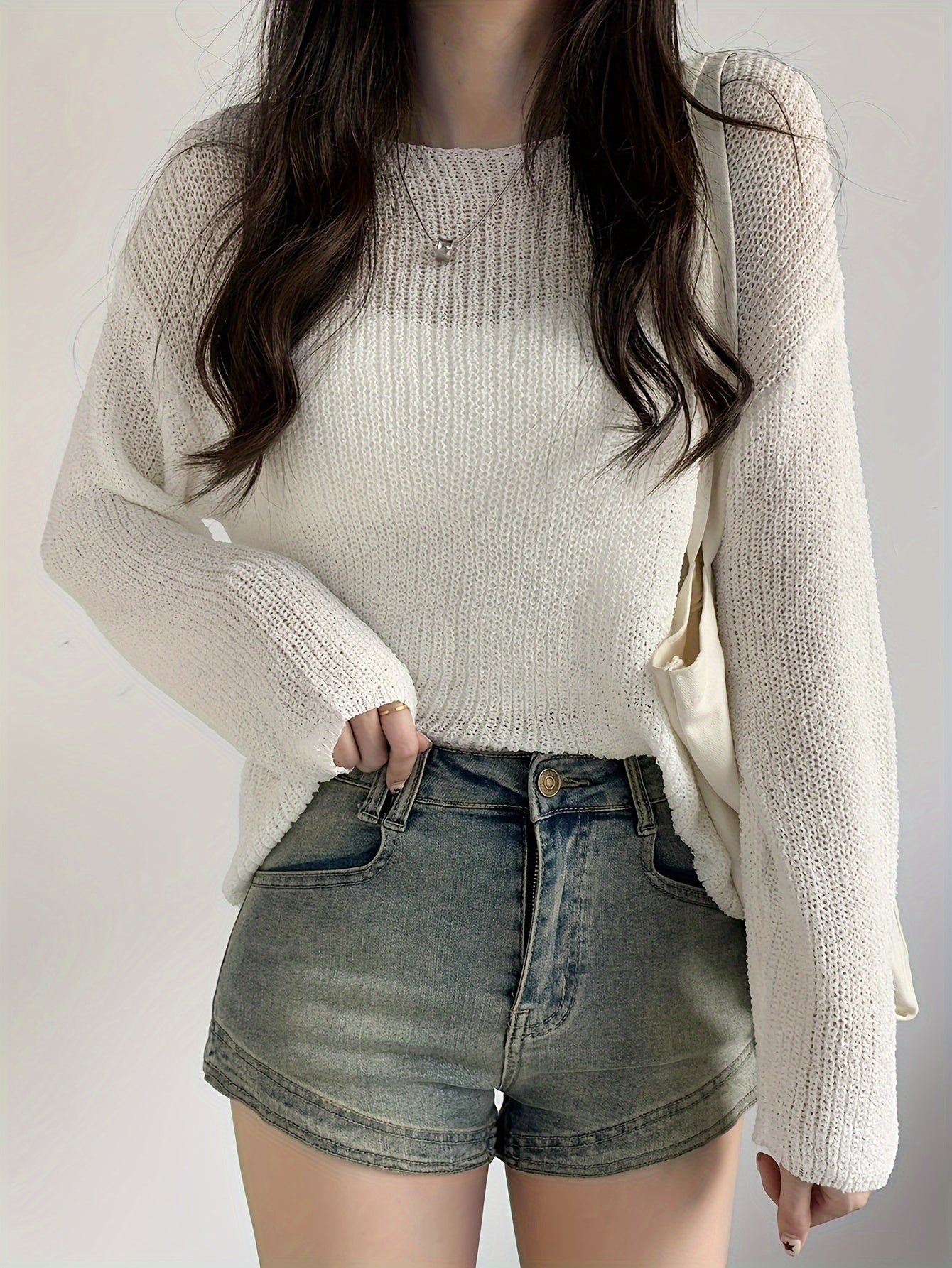 5c389956-e59d-4c3b-8528-6734e282d1b8-1 Solid Crew Neck Knitted Top, Casual Long Sleeve Thin Sweater, Women's Clothing