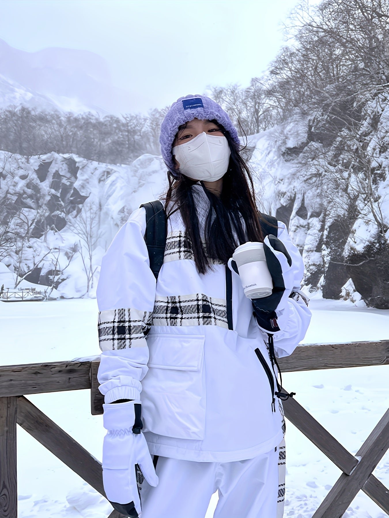 Ski Suit, Windproof And Waterproof Plaid Splicing Ski Top & Ski Pants, Women's Activewear