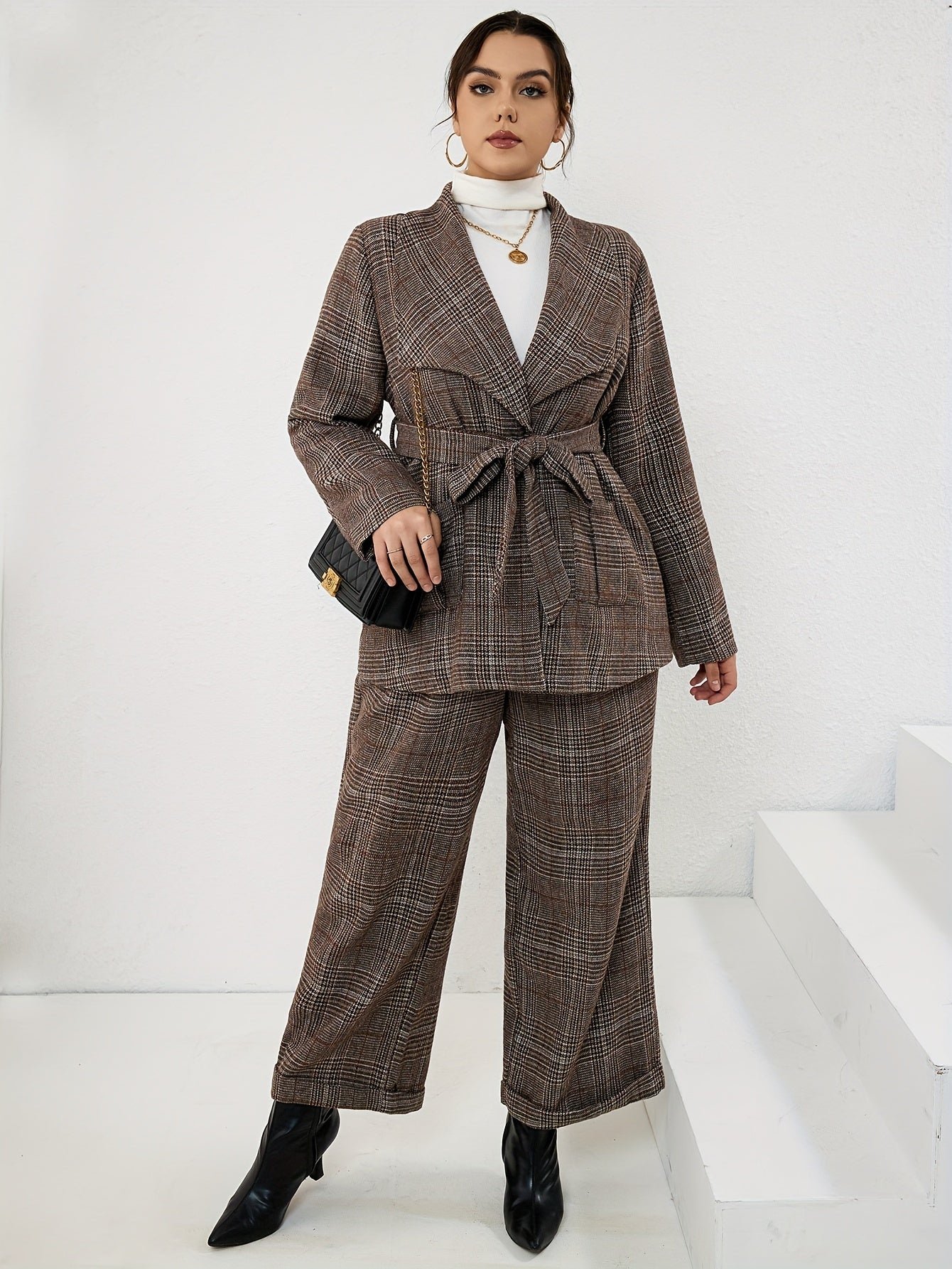 Plus Size Elegant Suit Set, Women's Plus Plaid Print Long Sleeve Waterfall Collar Belted Blazer & Wide Leg Pants Outfits Two Piece Set
