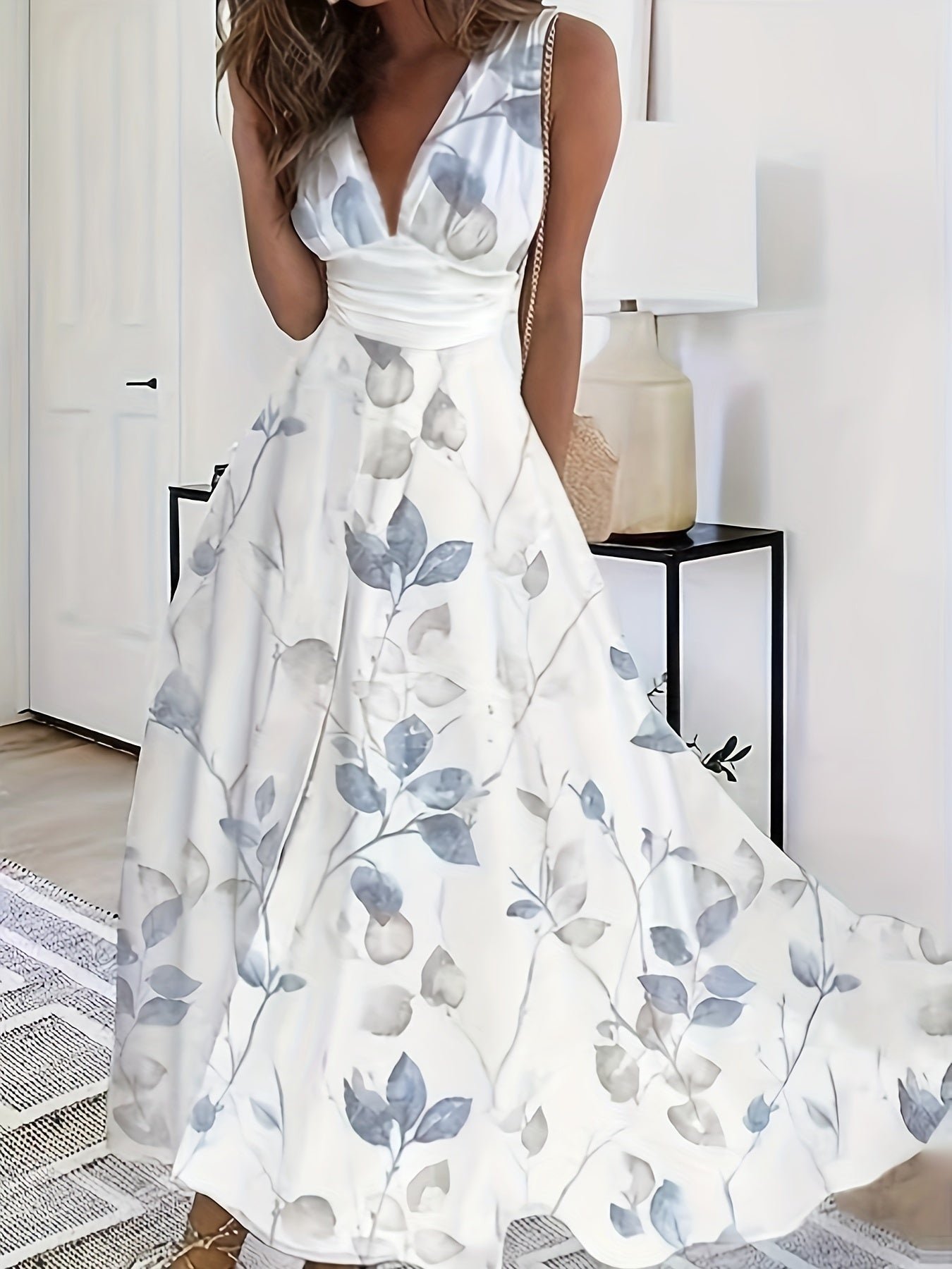 5f92fd0e-eaa7-4c18-9279-19eb19e22758-1 Plant Print High Waist Tank Dress, Elegant V Neck Sleeveless Dress For Spring & Summer, Women's Clothing