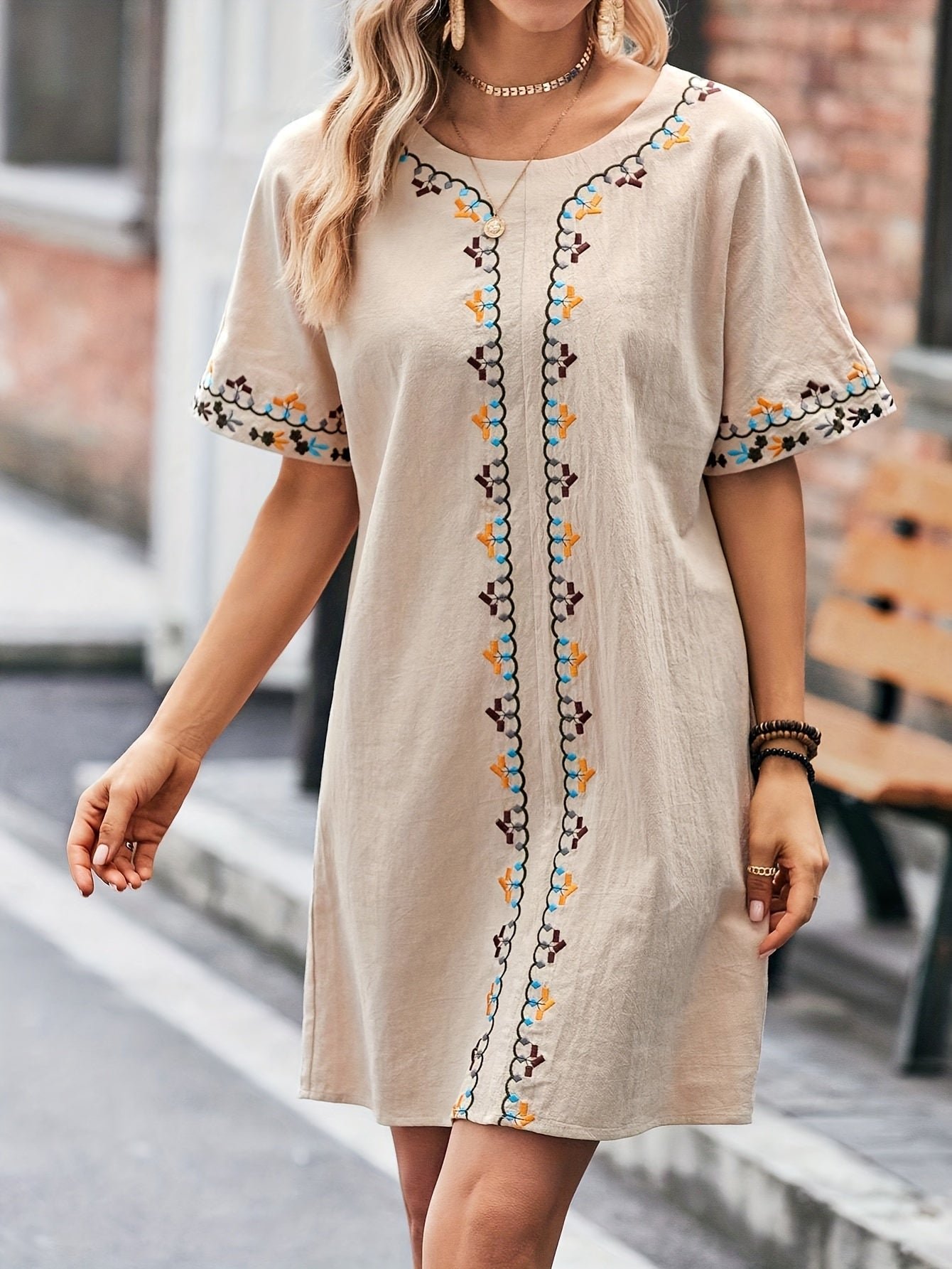 Embroidered Trim Crew Neck Dress, Elegant Simple Short Sleeve Dress For Spring & Summer, Women's Clothing