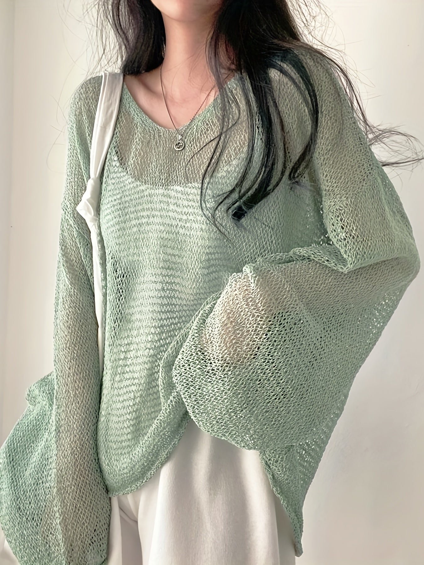 60a81d38f5aec7b583bc6abf5b8e603e Solid Knitted Pullover Top, Casual Crew Neck Long Sleeve Crochet Coverup Top, Women's Clothing