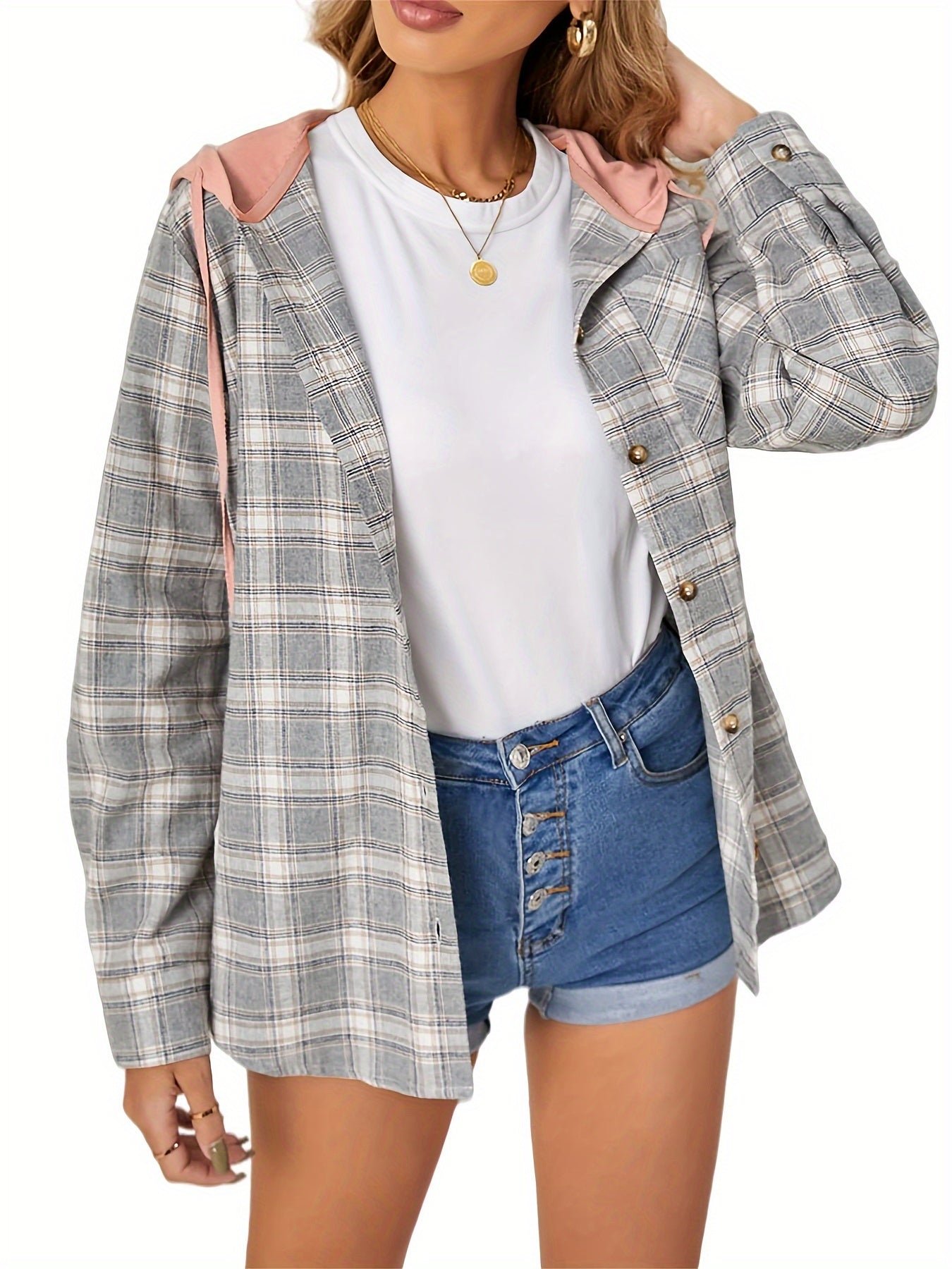 60aef4c0-a887-49dd-9402-31cecb9e5680-1 Plaid Print Single Breasted Jacket, Casual Drawstring Outwear For Spring & Fall, Women's Clothing