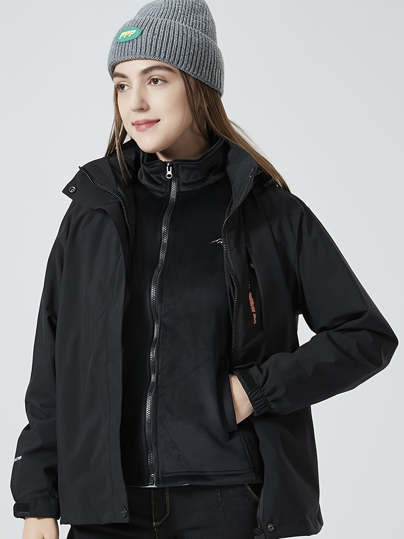Women's Outdoor Sport Jacket, Solid Color Zipper Up Fleece Warm Winter Ski Hooded Jacket, Women's Clothing