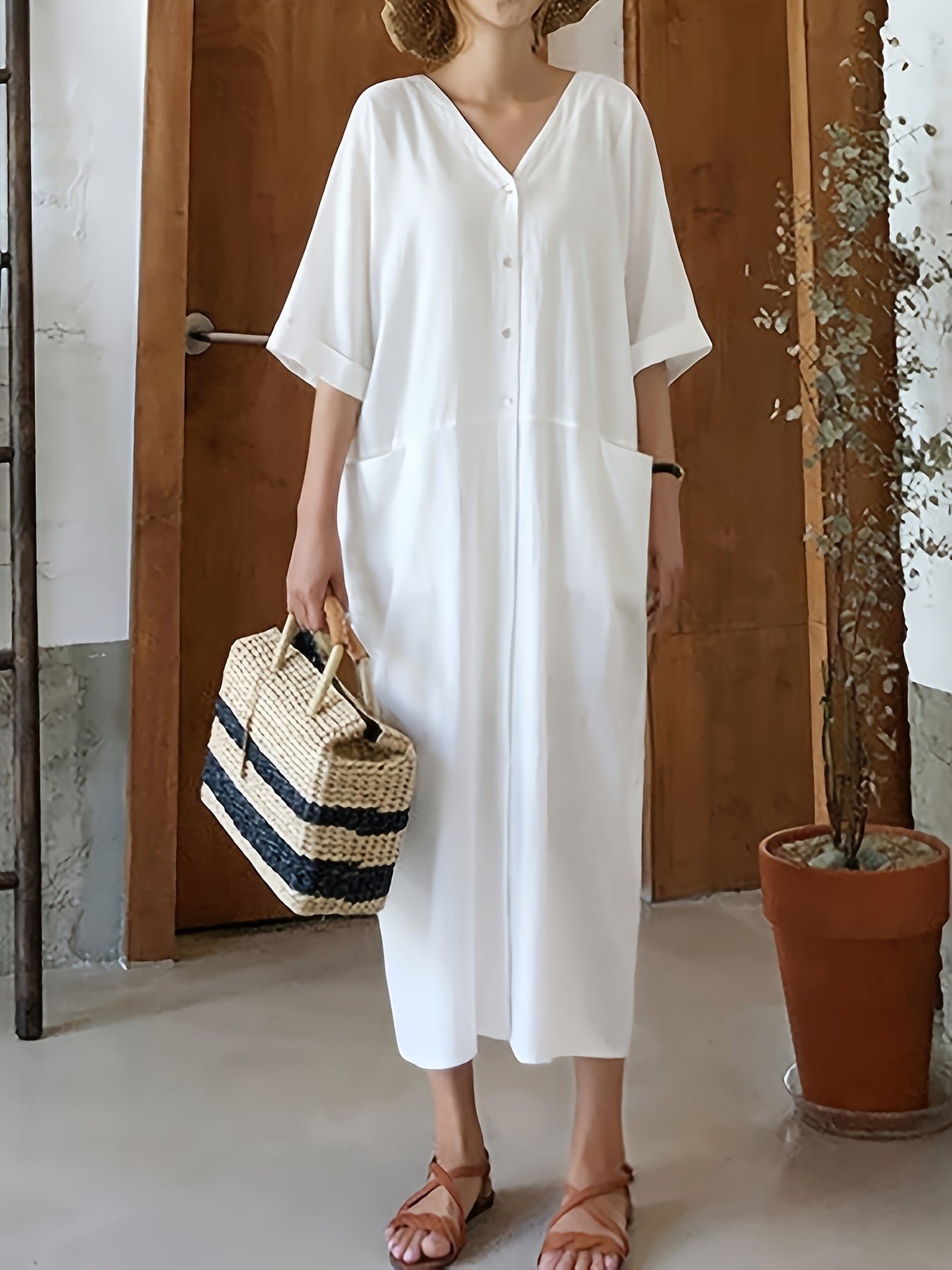 64b6eadc-ecb7-4361-8dd1-080633a92912-1 Solid Color Button Coverup Dress, Casual V Neck Half Sleeve Loose Midi Dress With Pocket, Women's Clothing