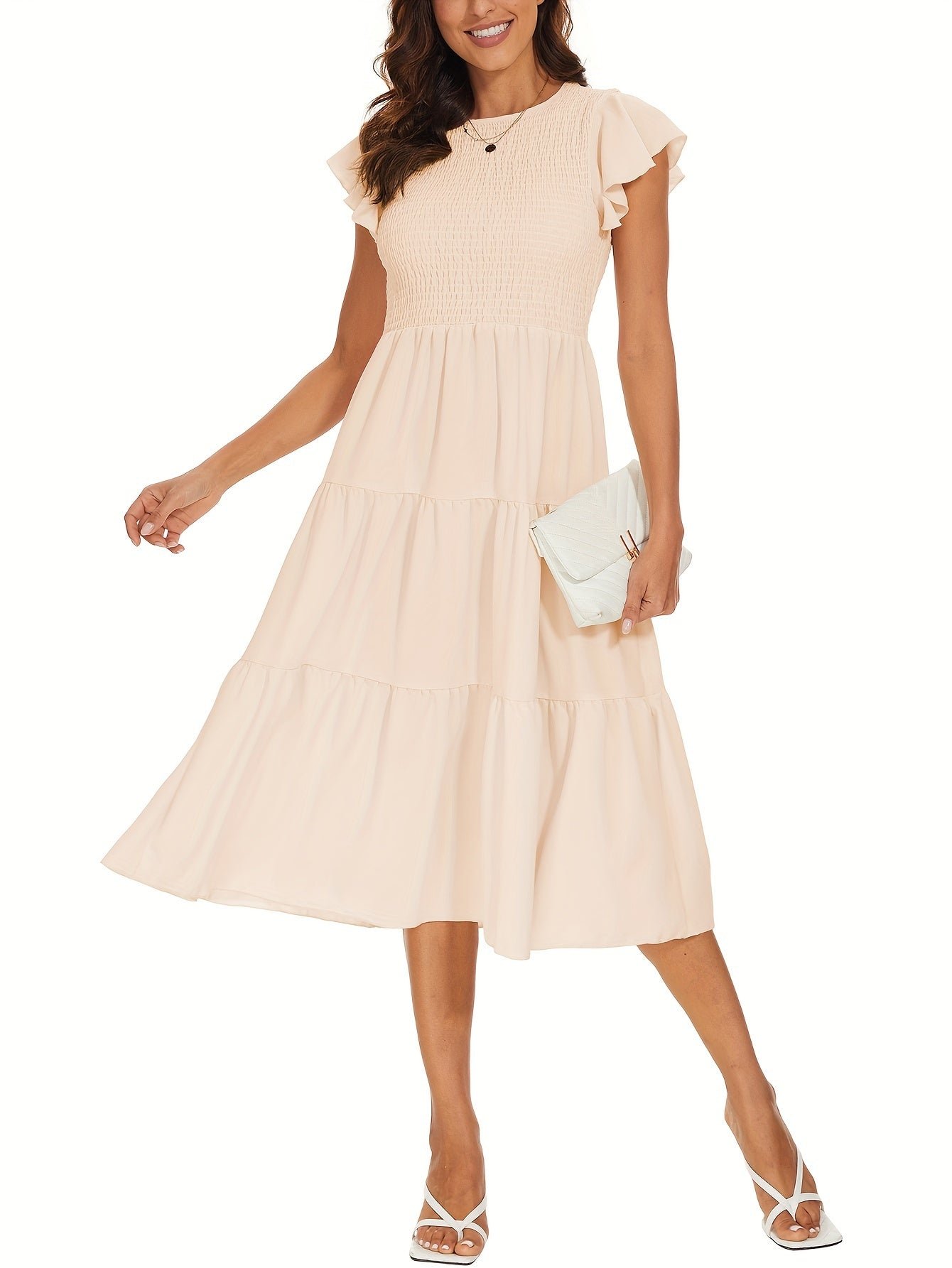 Solid Color Shirred Midi Dress, Elegant Flutter Sleeve Ruffle Hem Dress For Spring & Summer, Women's Clothing