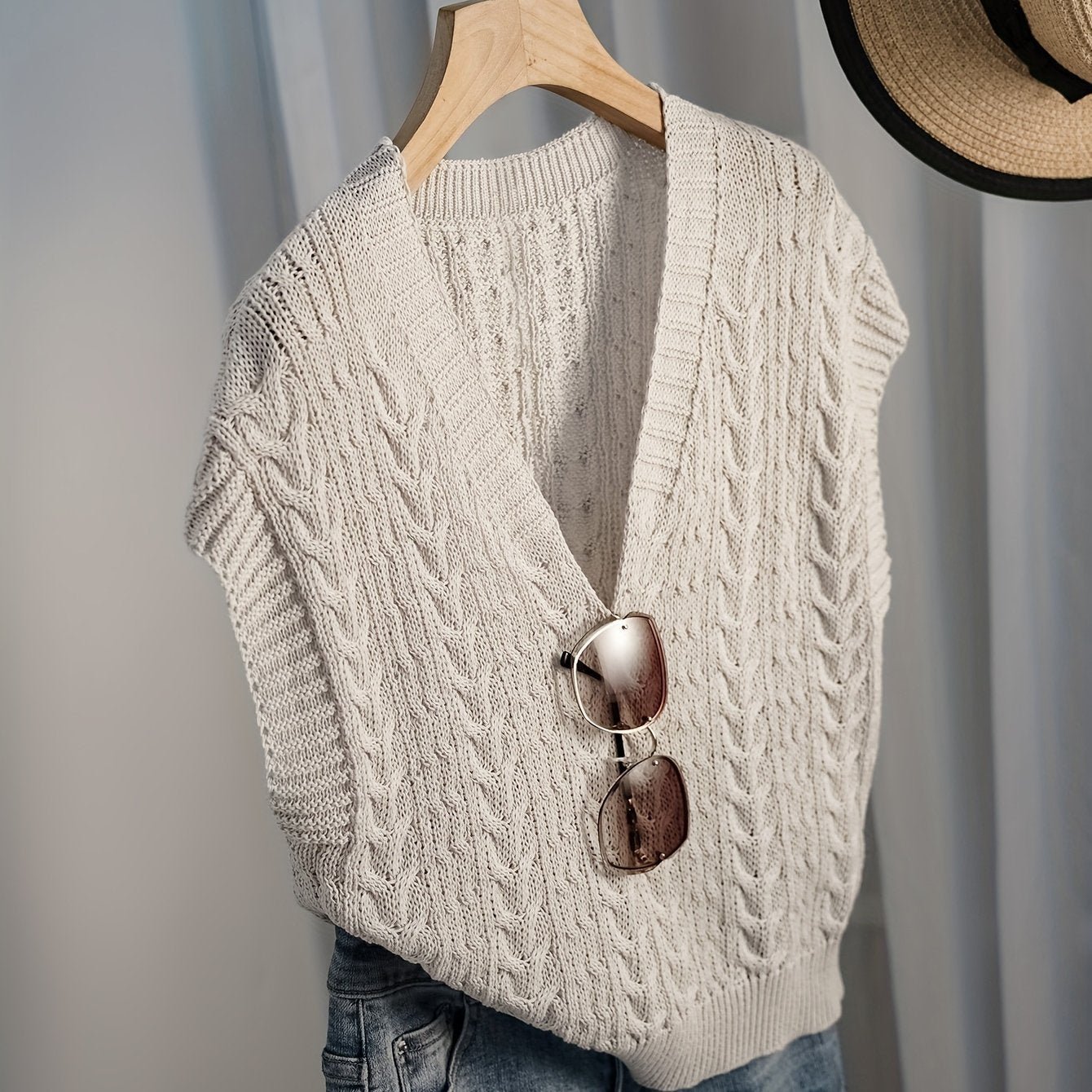 Twist V Neck Crop Sweater Vest, Casual Cap Sleeve Solid Color Sweater For Spring & Summer, Women's Clothing