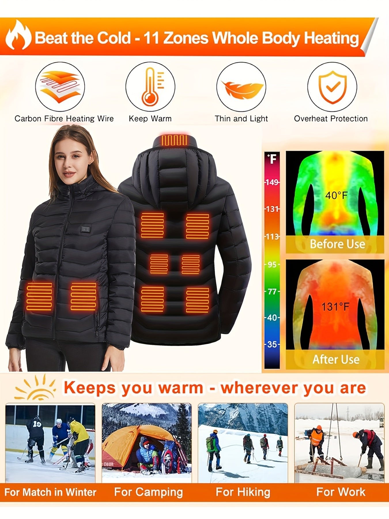 657e99a7c502be767792d64c95a16cbd-1 Women's Waterp Resistant Heated Jacket, Long Sleeve Thermal Clothing, USB Electric Heating Coat For Outdoor Camping, Cycling, Fishing, Hiking, Skiing Thermal Wear (Battery Pack Not Included) For Fall & Winter