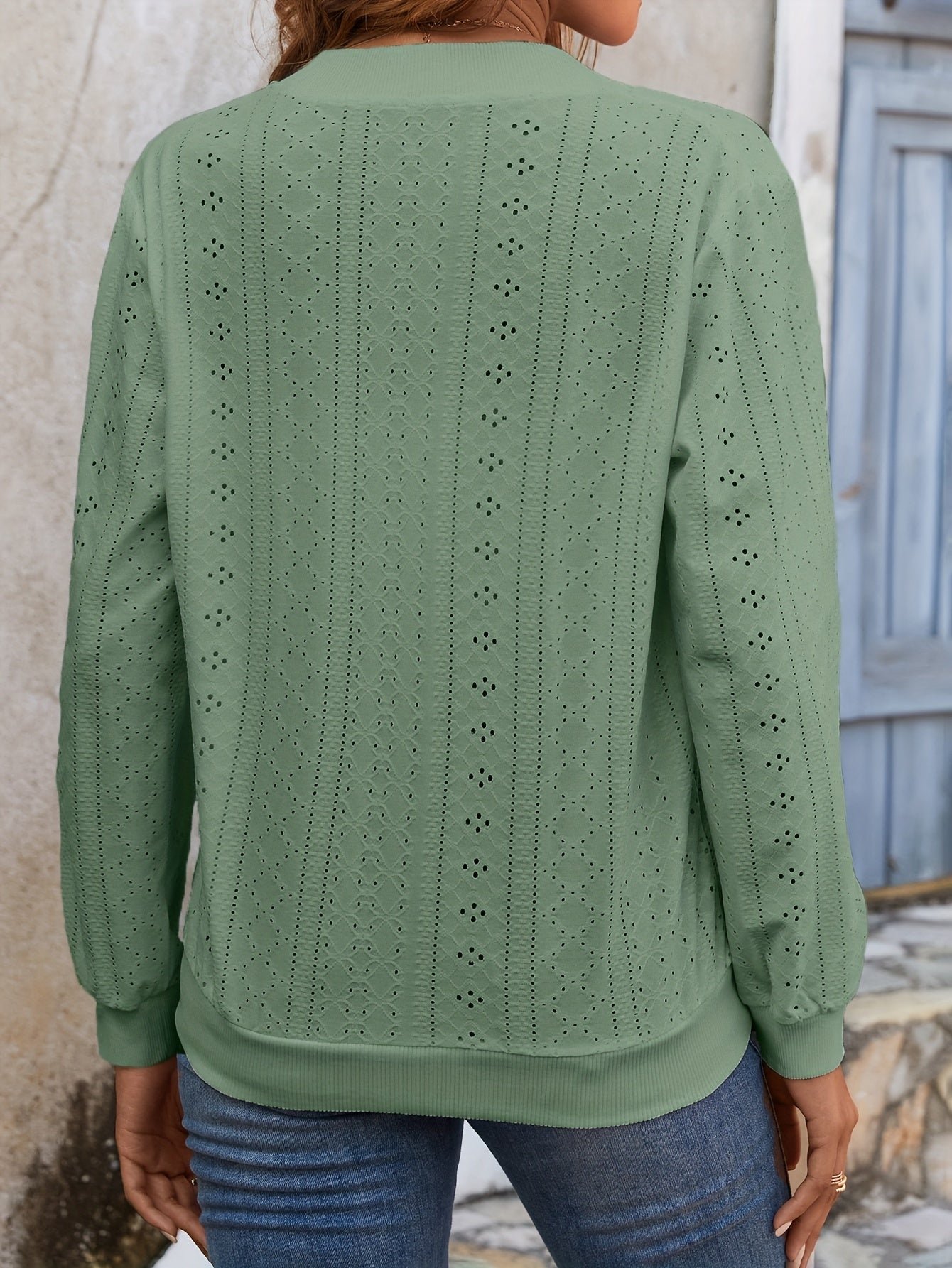 Eyelet Zip Up Bomber Jacket, Casual Long Sleeve Versatile Outerwear, Women's Clothing