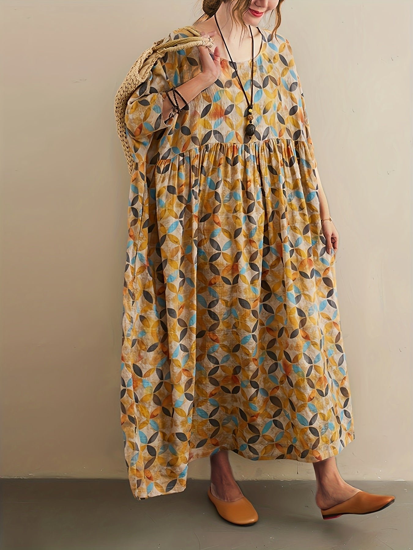 Plus Size Colorful Geo Print Loose Dress, Vacation Style Ruched Ankle Length 3/4 Sleeve Dress For Spring & Summer, Women's Plus Size Clothing