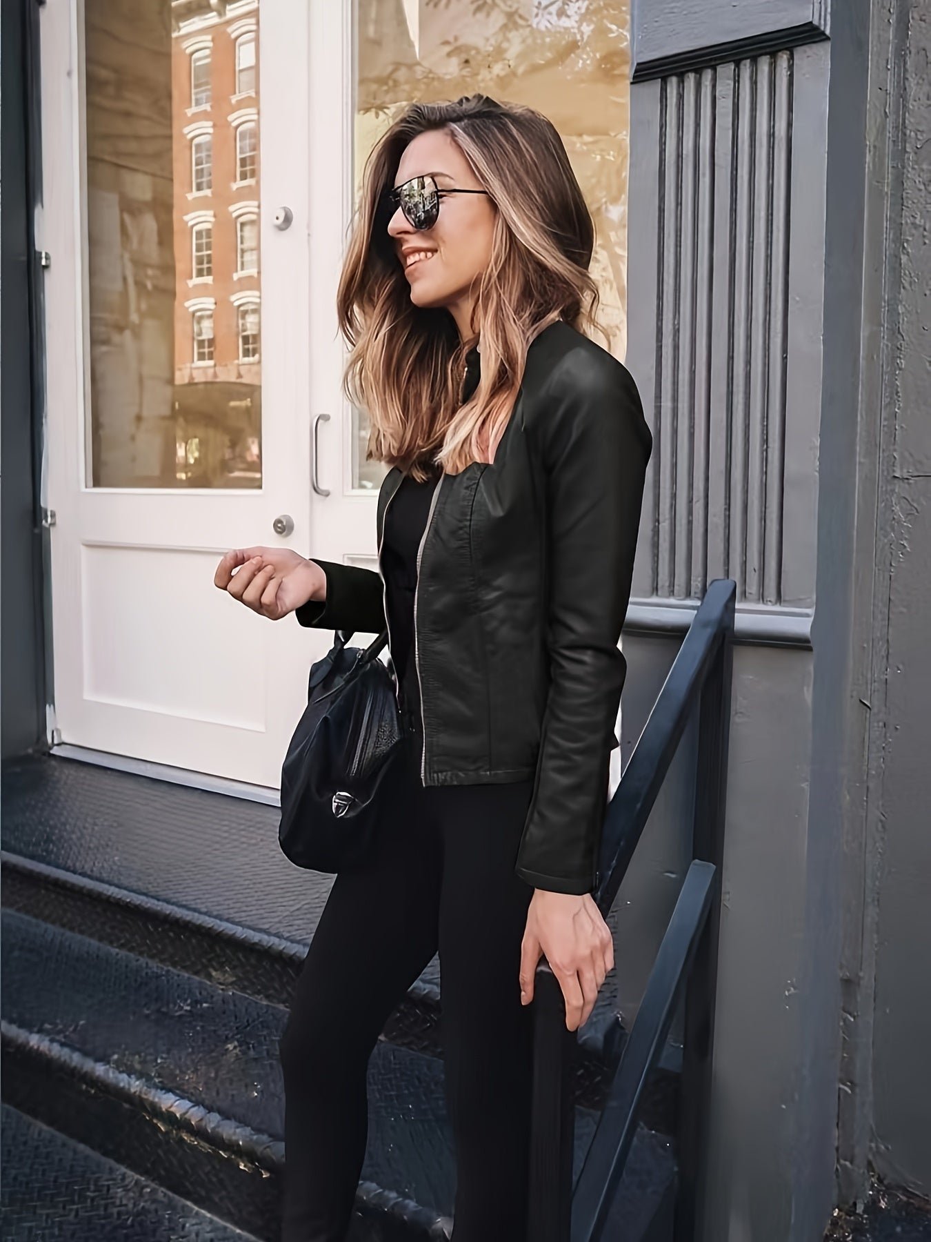 Women's Street Style Chic Coated Stretchy Plain Black Color Jacket With Zipper Pockets And Modern Fit