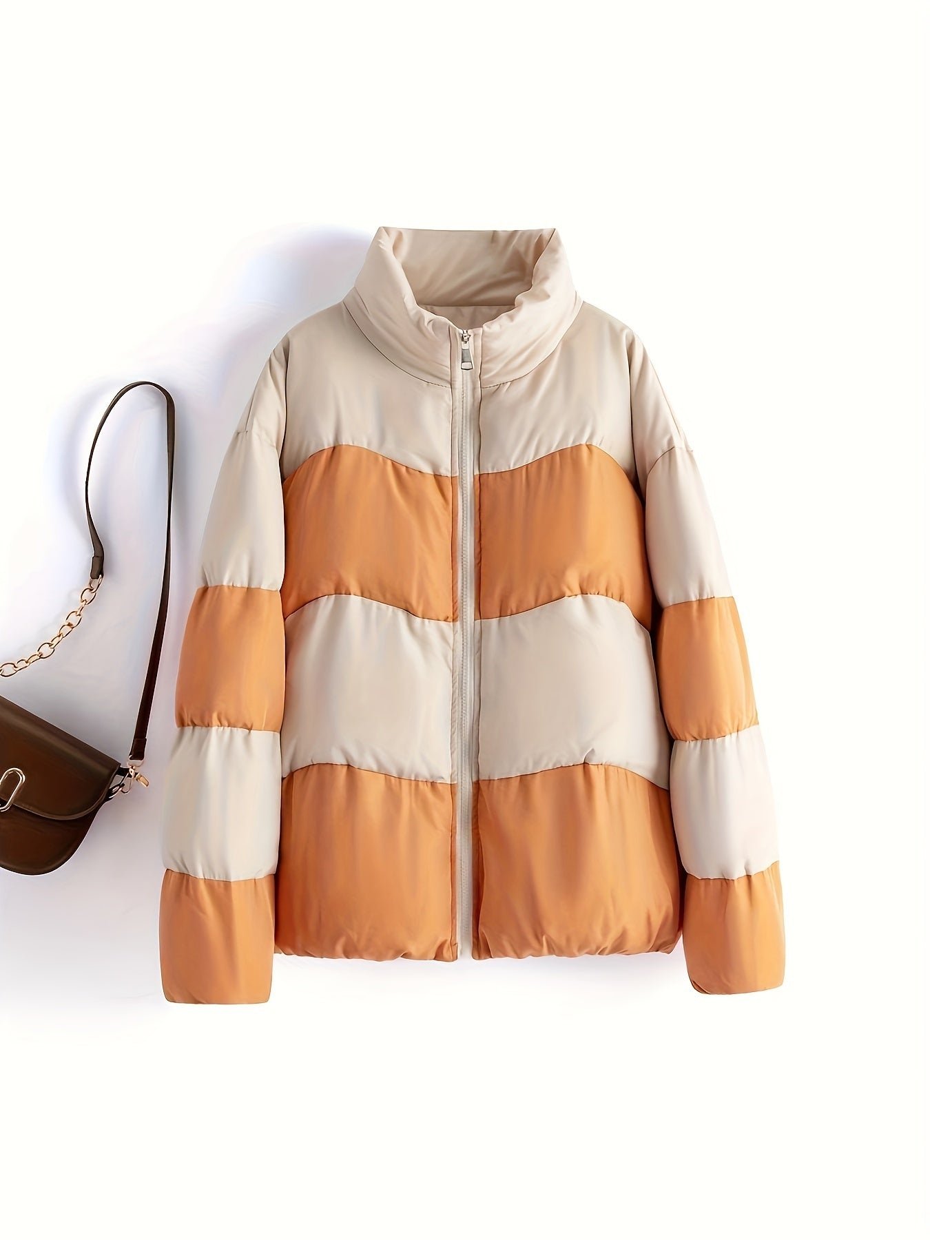 6dc7c1dafcc51d5c31ac76a7fc2745a1-1 Color Block Puffer Jacket For Women, Stand Collar Warn Winter Sports Jacket, Women's Activewear