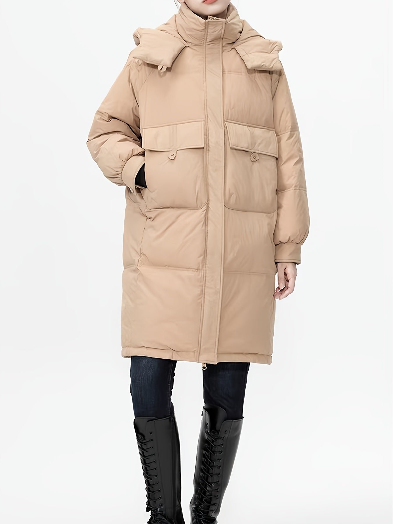 Solid Color Over The Knee Thickened Puffer Jacket, Mid-length Hooded Sports Warm Winter Jacket, Women's Activewear