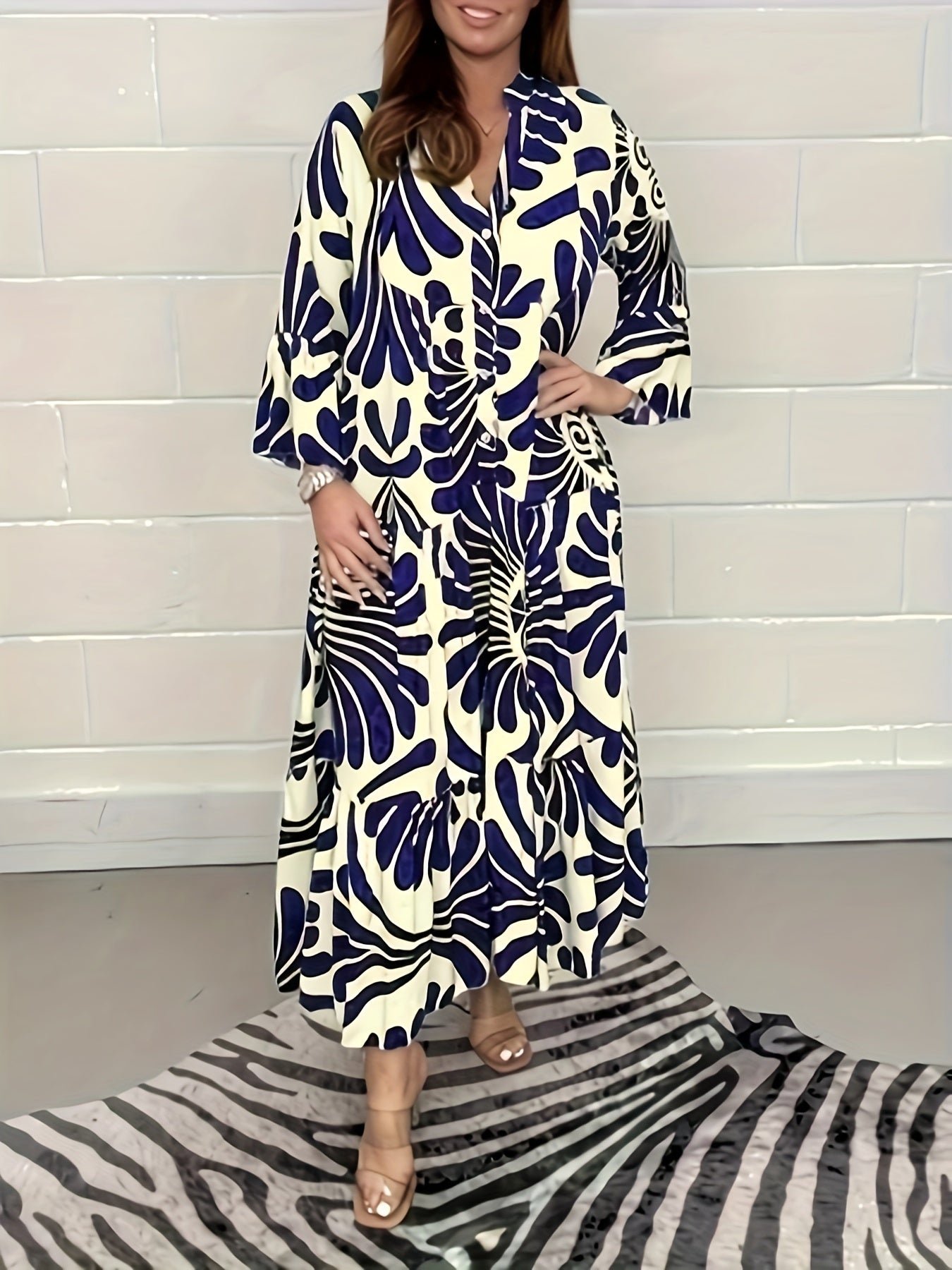 6f863f6e-1aa6-445d-8b5a-6ab879738d1d-1 Plus Size All Over Print Tiered Dress, Vacation Button Front 3/4 Sleeve Dress For Spring & Summer, Women's Plus Size Clothing