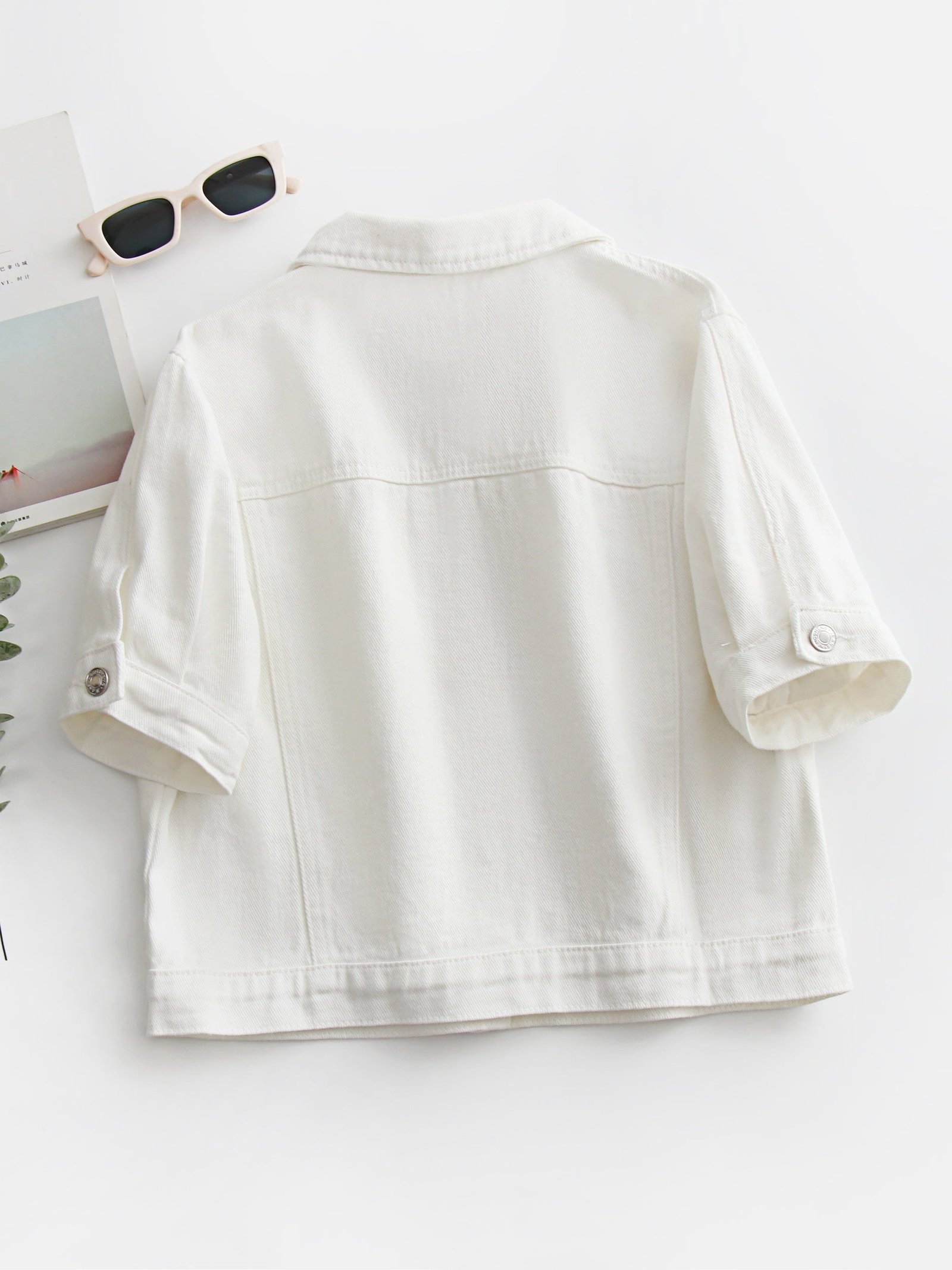 Plain White Short Sleeve Denim Coat, Lapel Single-breasted Flap Pocket Denim Jacket, Women's Denim Jeans & Clothing