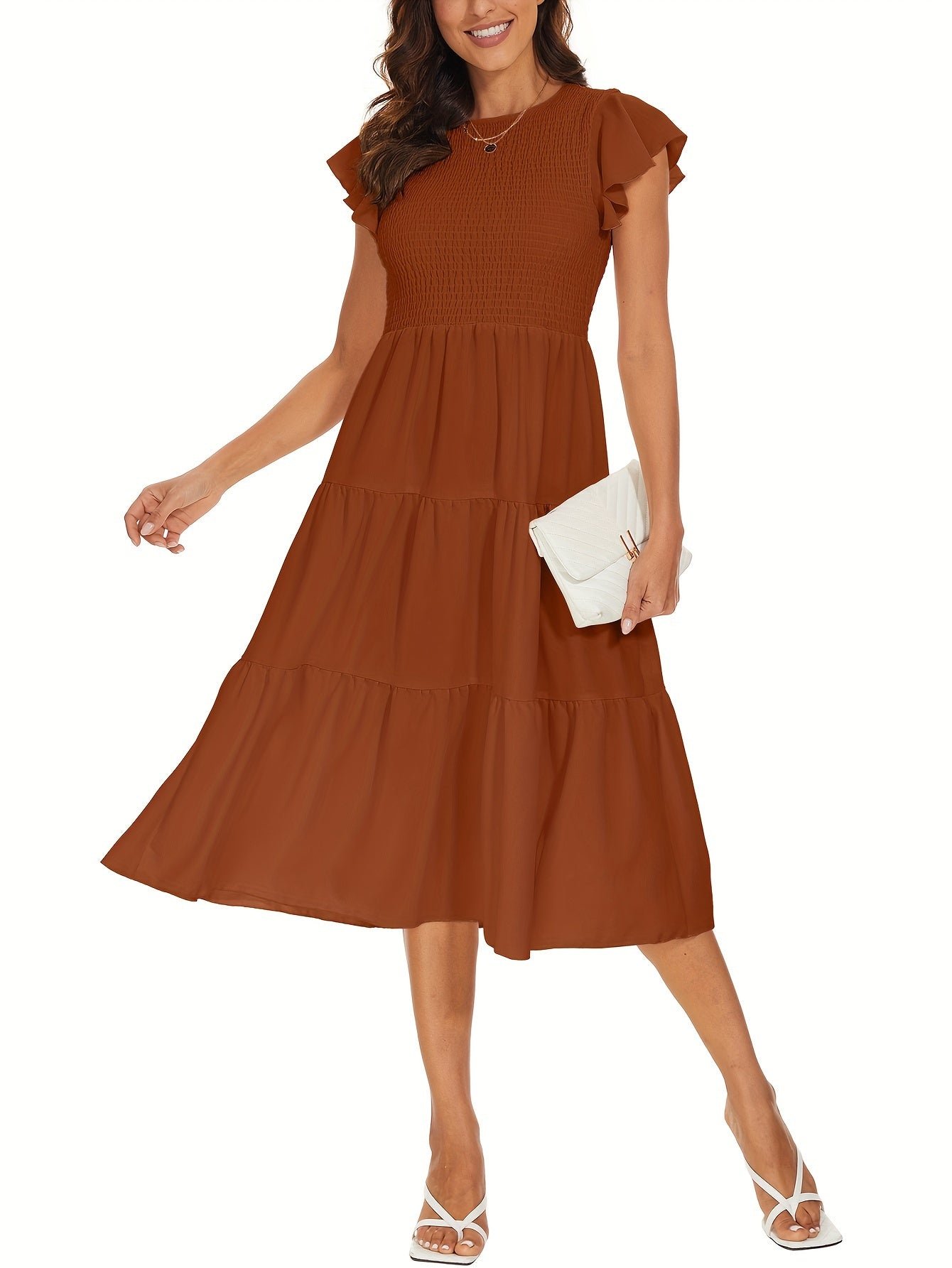 70d2728c-6489-4210-829e-3379c840174a-1 Solid Color Shirred Midi Dress, Elegant Flutter Sleeve Ruffle Hem Dress For Spring & Summer, Women's Clothing