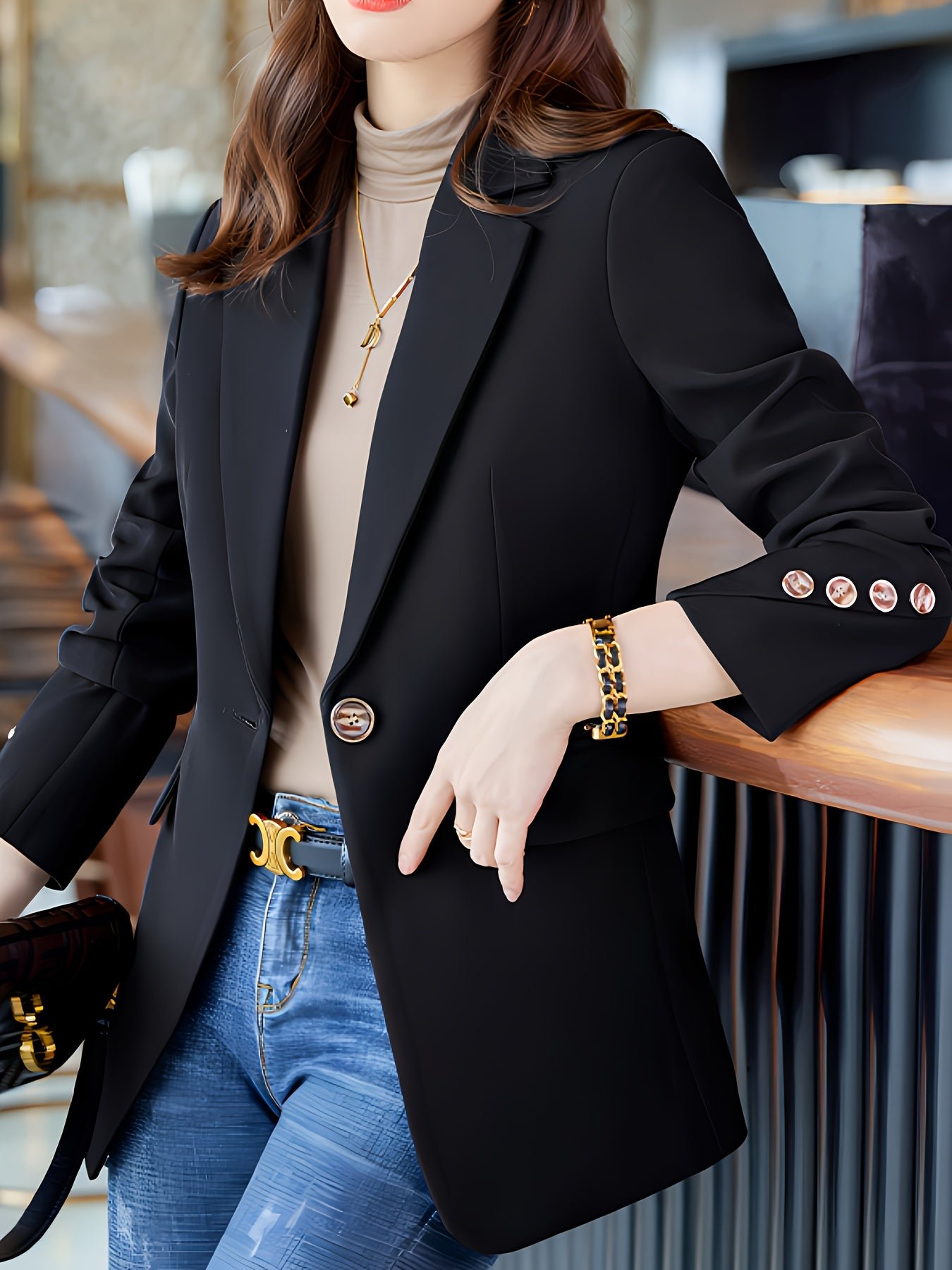 Notched Collar Button Front Blazer, Elegant Long Sleeve Blazer For Office & Work, Women's Clothing