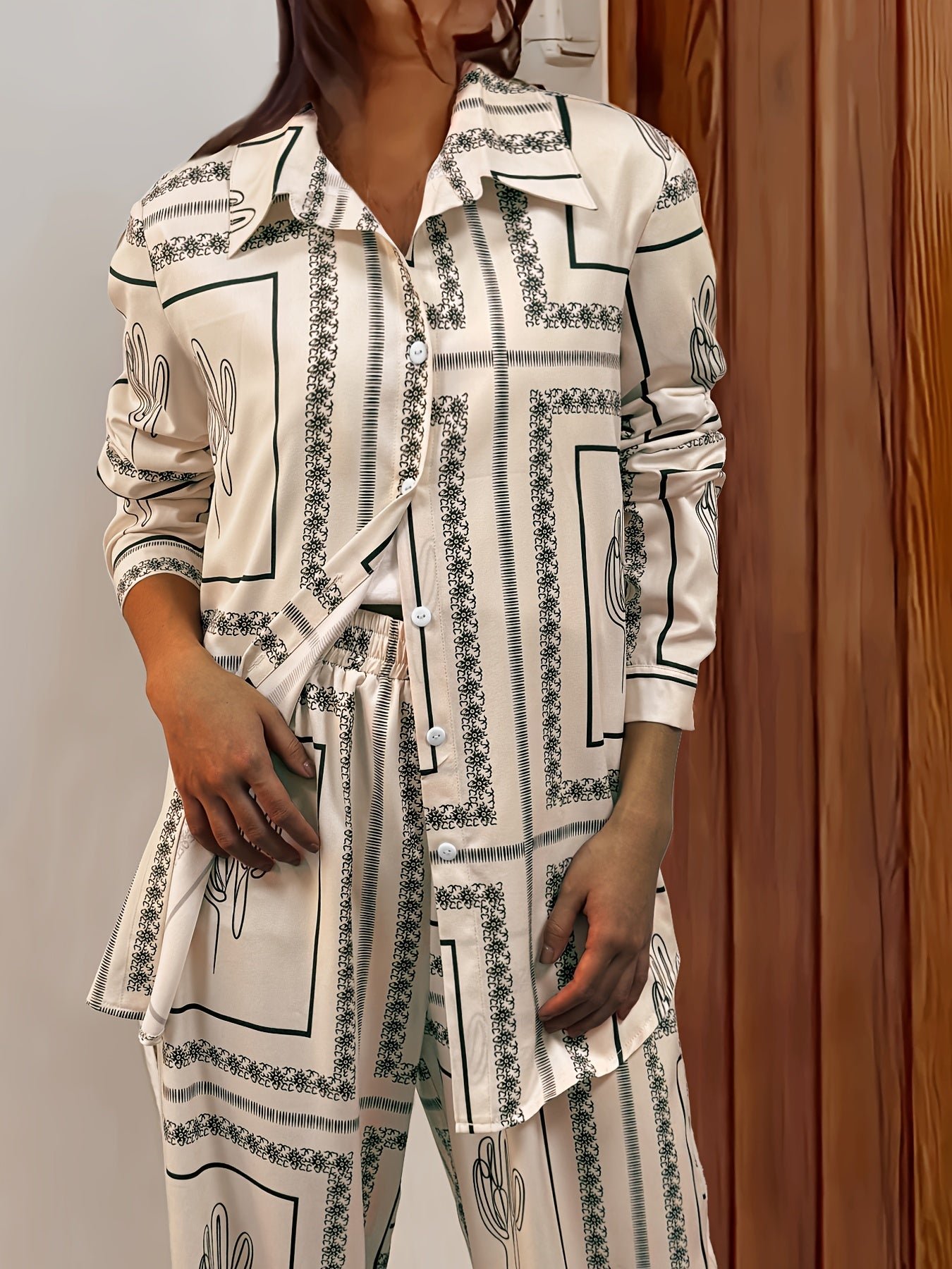 Elegant Abstract Print Pants Set, Long Sleeve Button Front Shirt & Straight Leg Loose Pants Summer Outfits, Women's Clothing