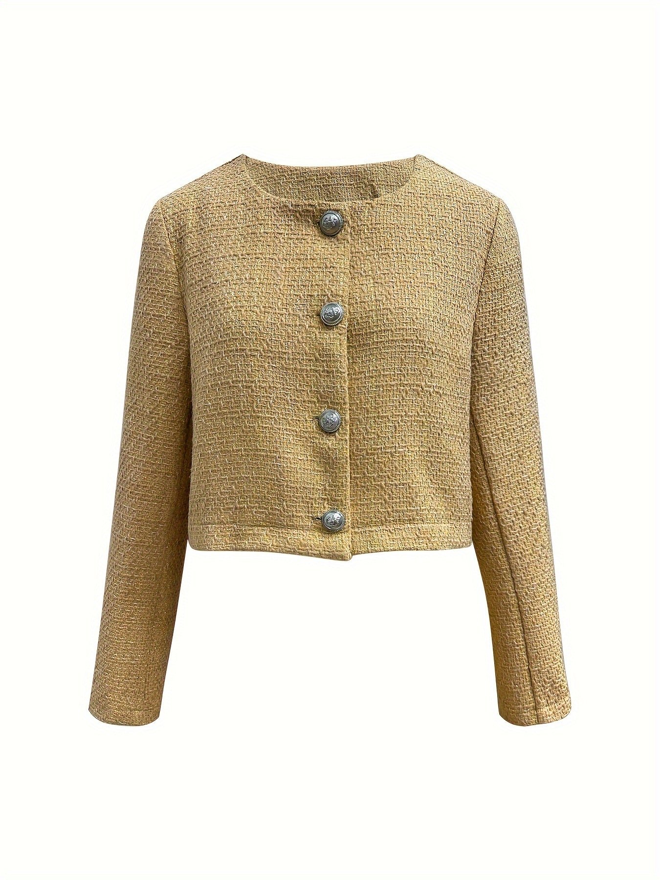 Solid Color Single Breasted Crop Jacket, Elegant Long Sleeve Outwear For Spring & Fall, Women's Clothing