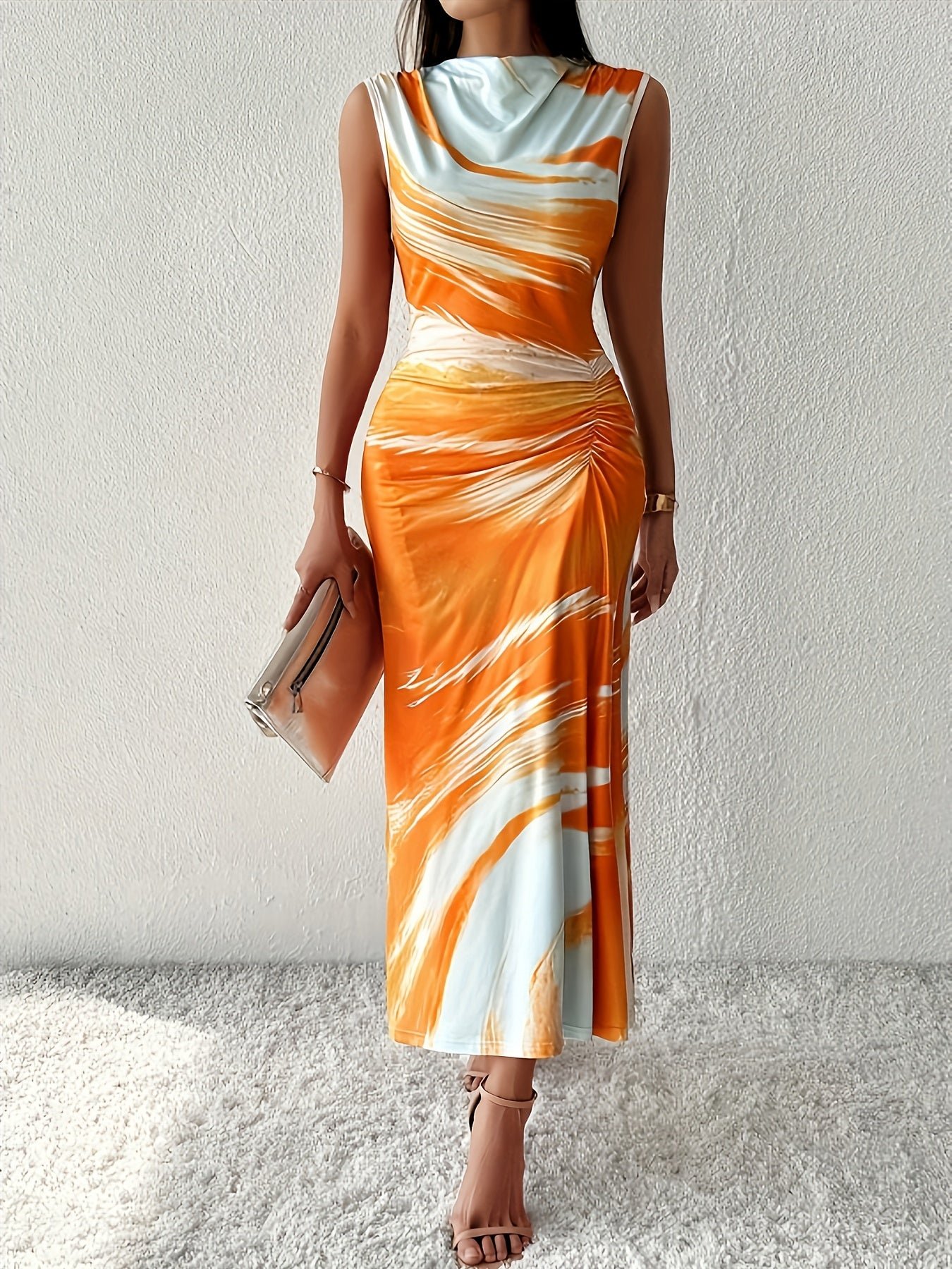 80440424-b62b-4f8e-a114-6ab9503f256f-1 Tie Dye Ruched Tank Dress, Elegant Sleeveless Slim Tank Dress For Spring & Summer, Women's Clothing