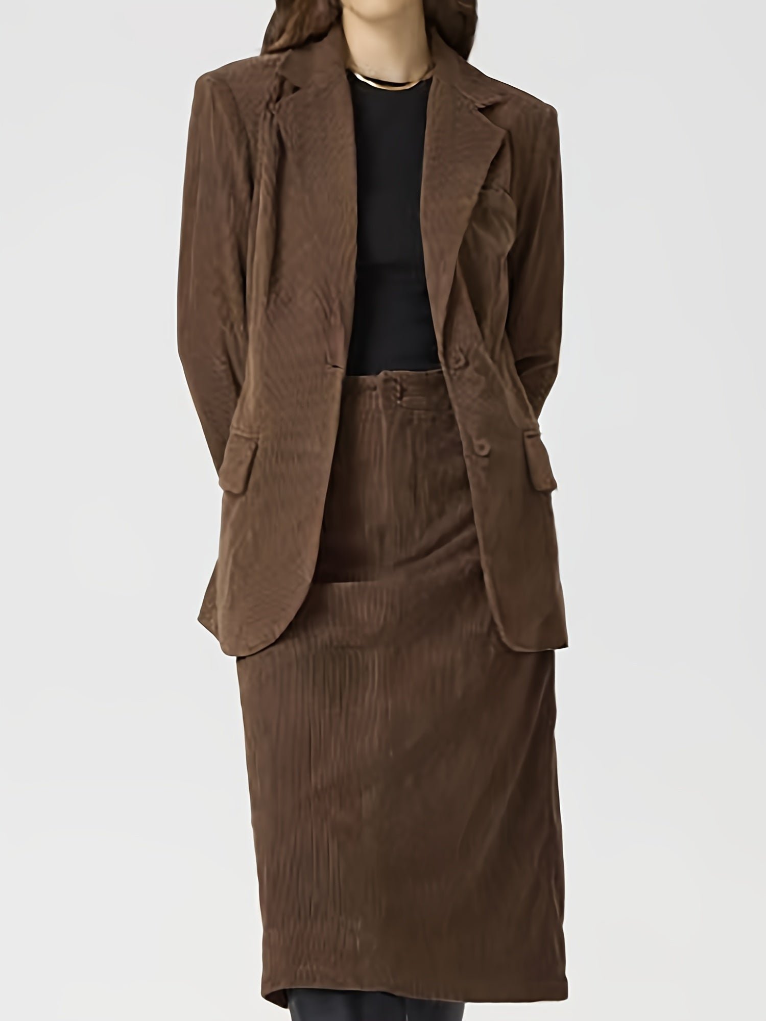 Solid Button Front Two-piece Skirt Set, Lapel Neck Long Sleeve Blazer & High Waist Skirt Outfits, Women's Clothing