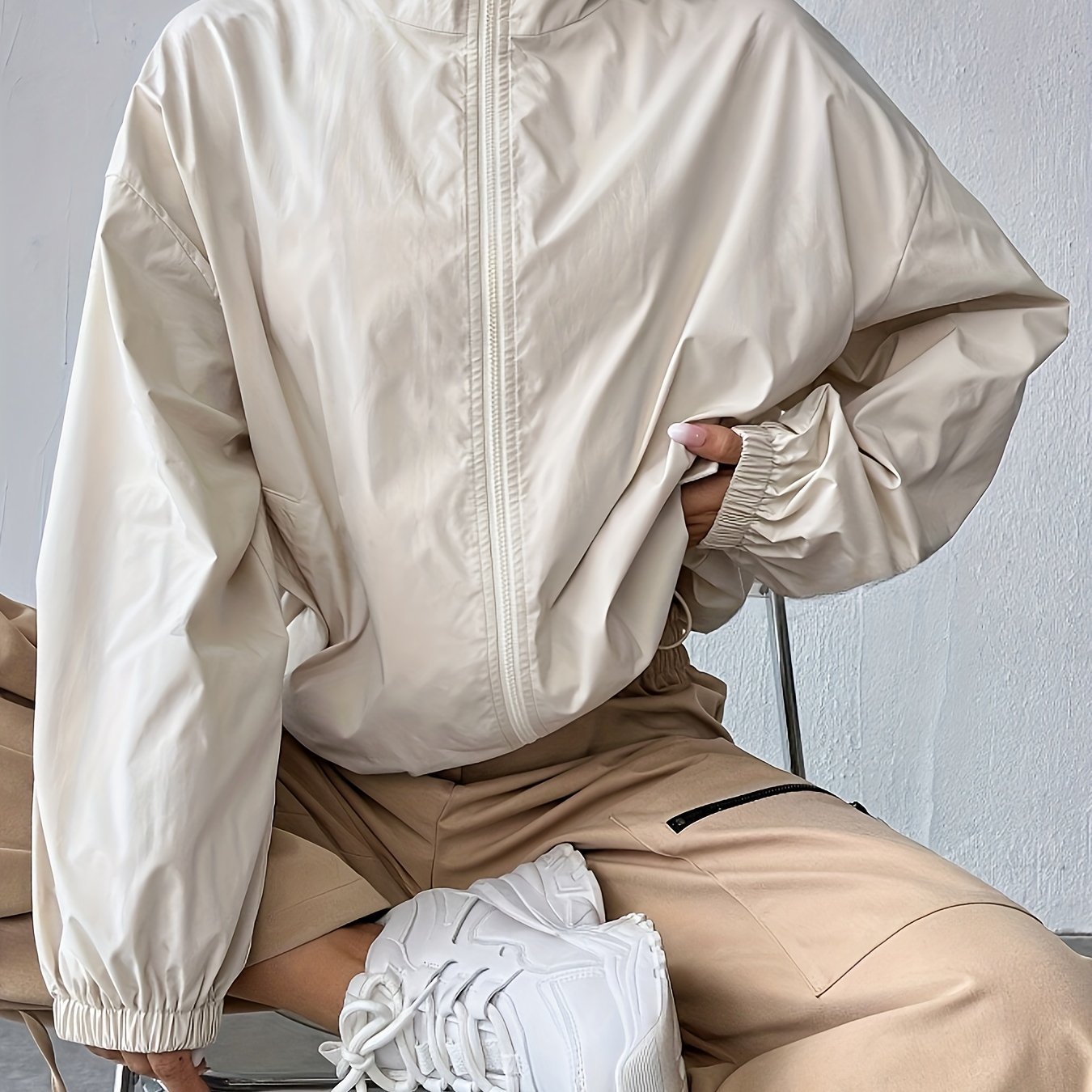 Solid Color Zip Up Drawstring Jacket, Casual Long Sleeve Jacket For Spring & Fall, Women's Clothing