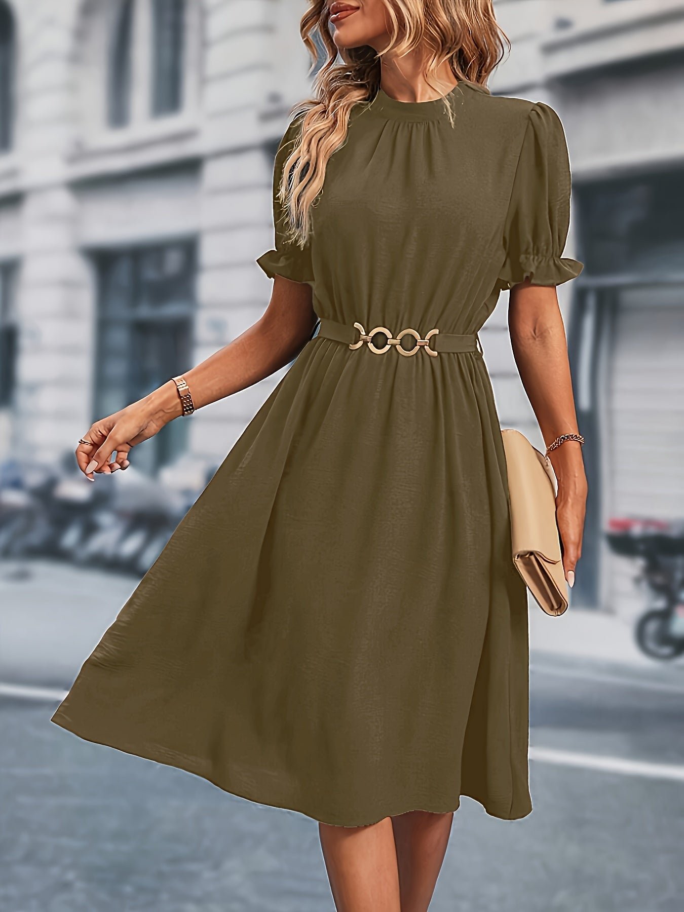 Chain Belted Puff Sleeve Dress, Elegant Summer Mock Neck Knee Length Dress For Spring & Summer, Women's Clothing