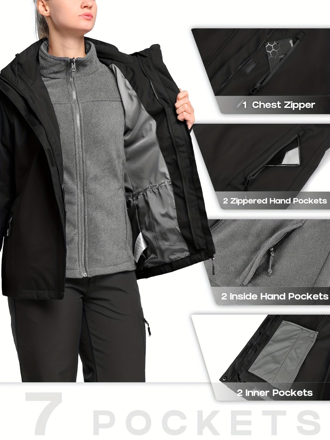 Solid Color Thermal Windproof Hooded Jacket, Zipper Pocket Waterproof Warm Jacket Coat For Fall & Winter, Women's Clothing