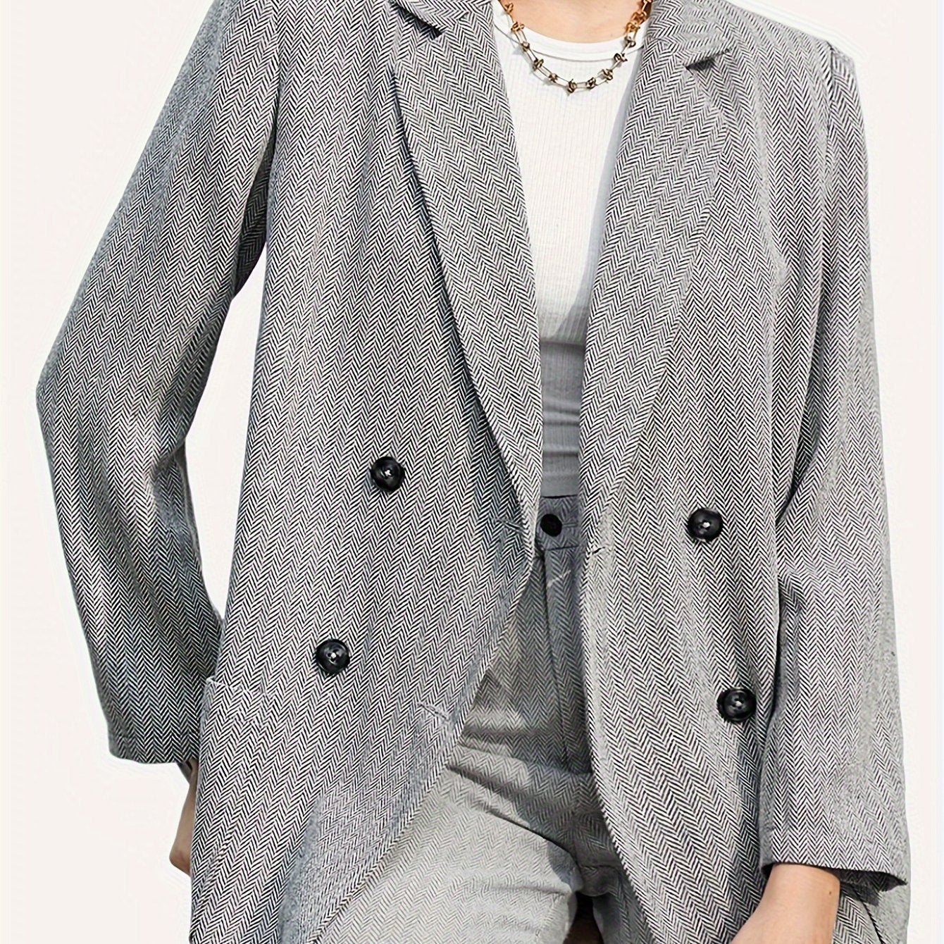 Double Breasted Lapel Pockets Blazer, Elegant Long Sleeve Outwear For Office & Work, Women's Clothing