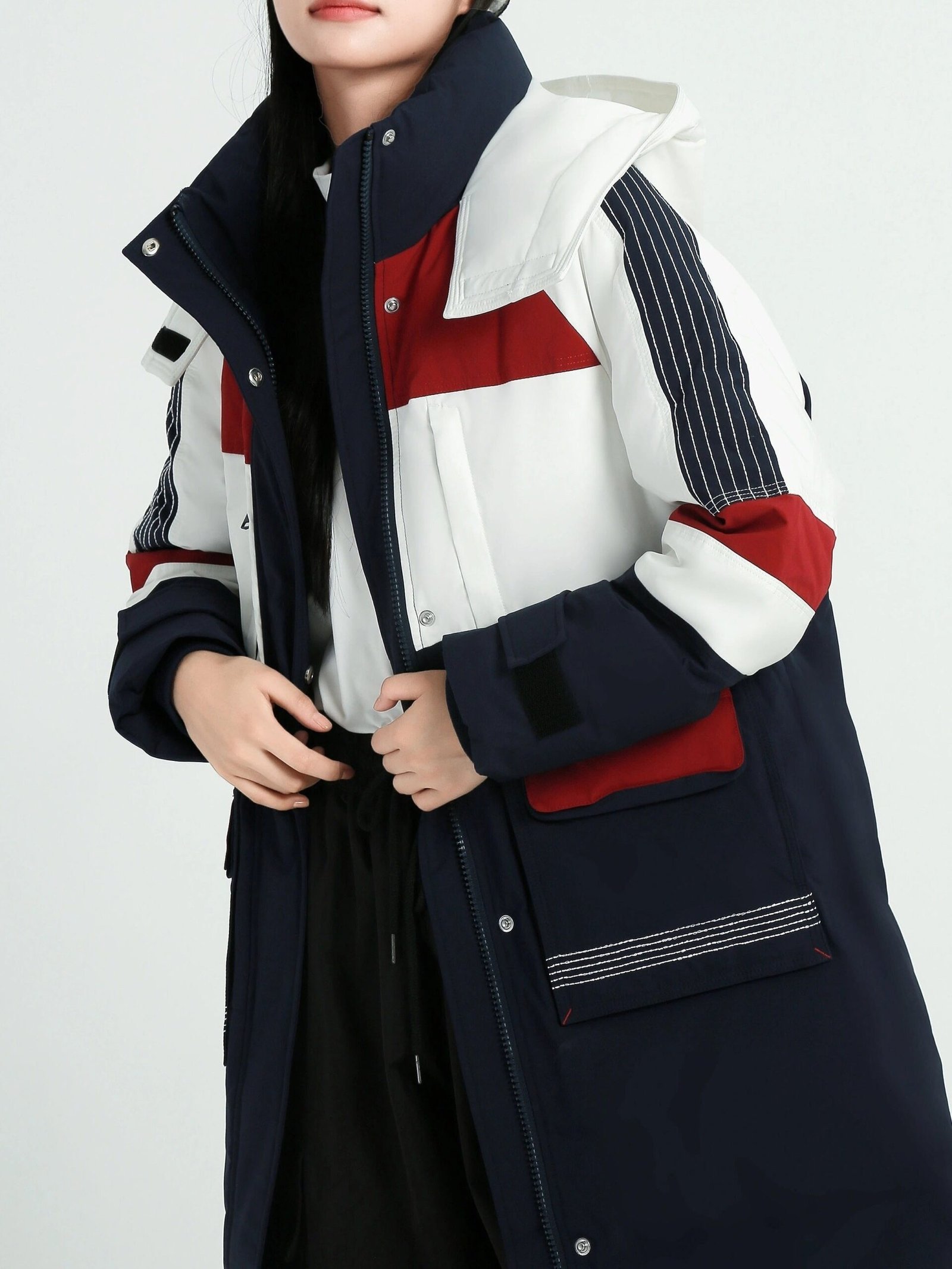 877c4dbb1f917ff8cdad126ba94fb258-1 Color Block Hooded Down Jacket, Casual Stand Collar Long Sleeve Winter Warm Outerwear, Women's Clothing