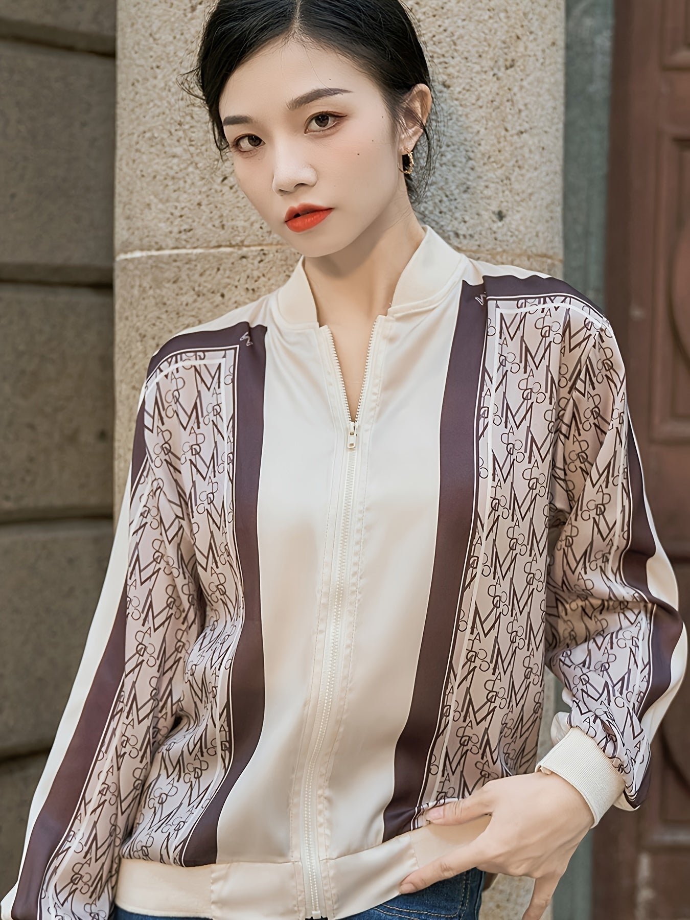 Allover Zip Up Jacket, Casual Long Sleeve Jacket For Spring & Fall, Women's Clothing