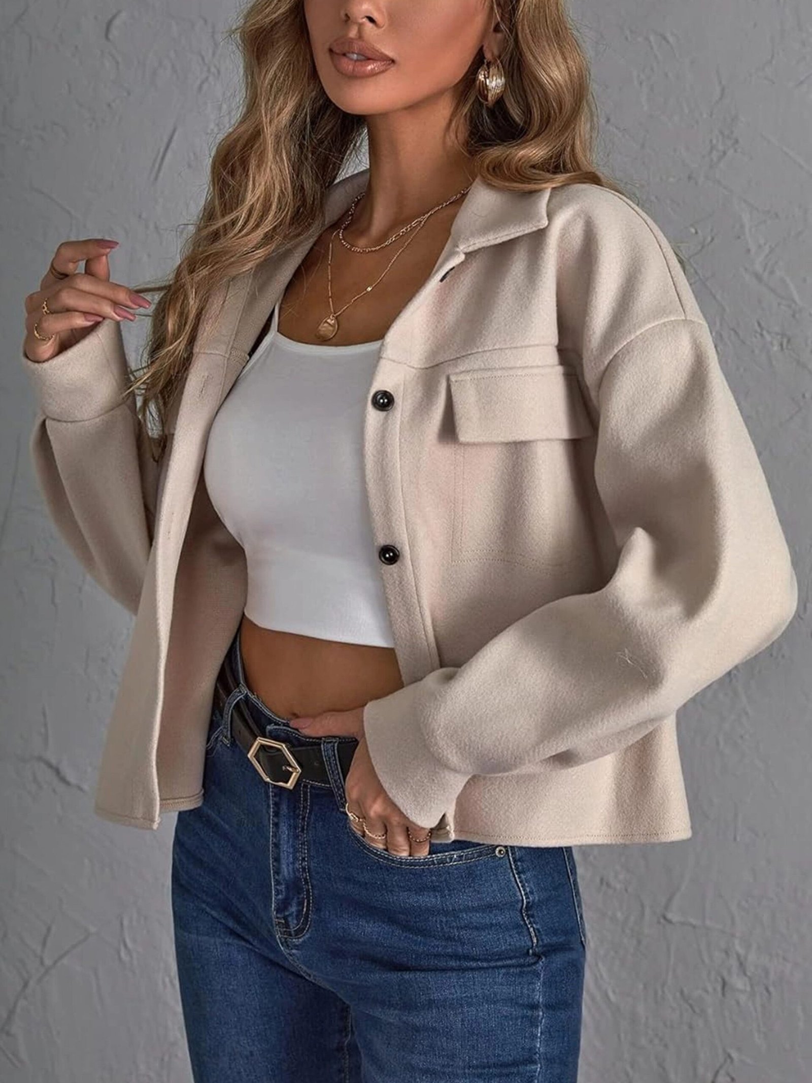 Button Front Drop Shoulder Jacket, Casual Long Sleeve Jacket, Women's Clothing