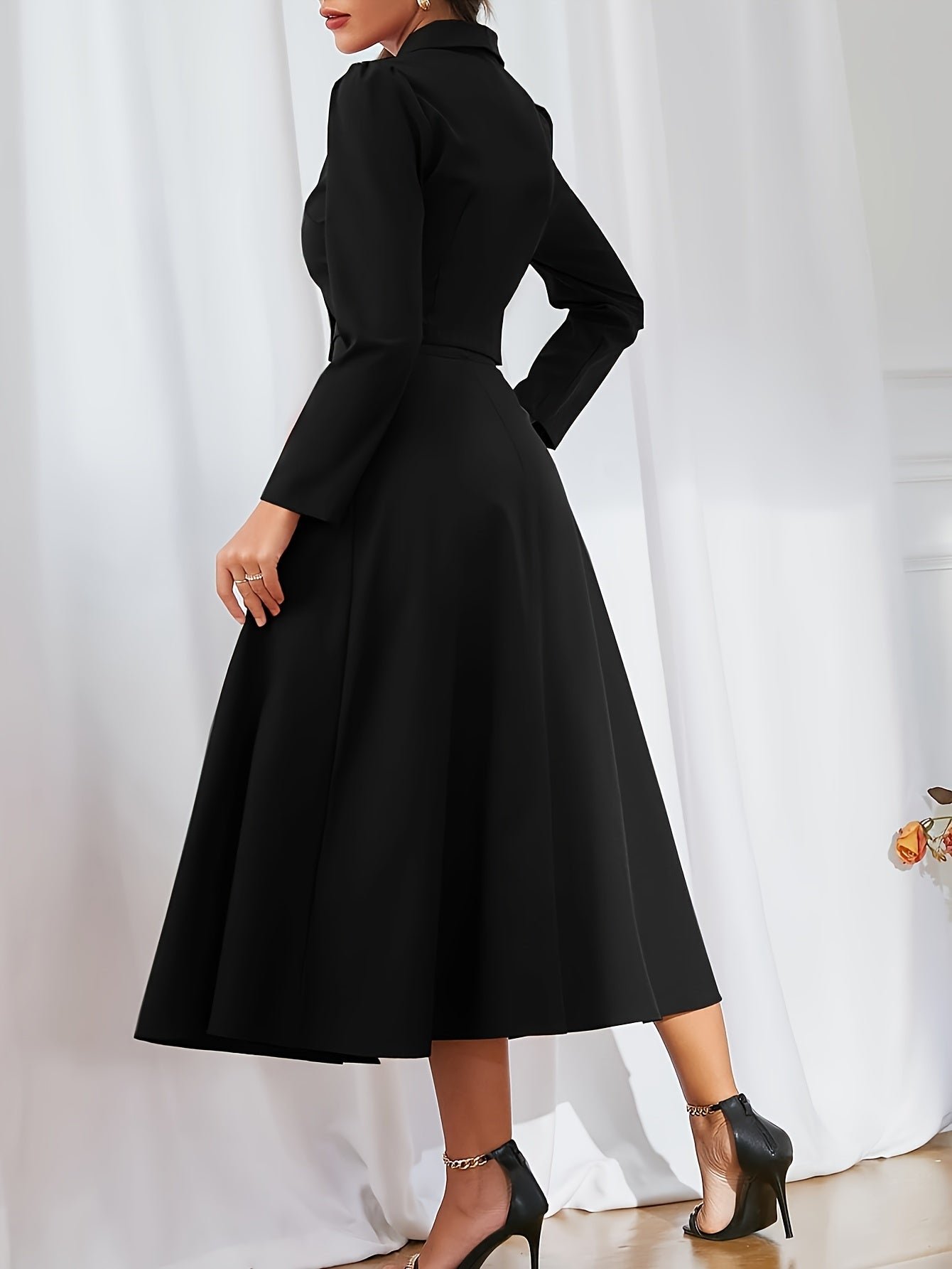 Solid Color Elegant Skirt Suit, Double Button Long Sleeve Crop Jacket & High Waist Midi Skirt Outfits, Women's Clothing