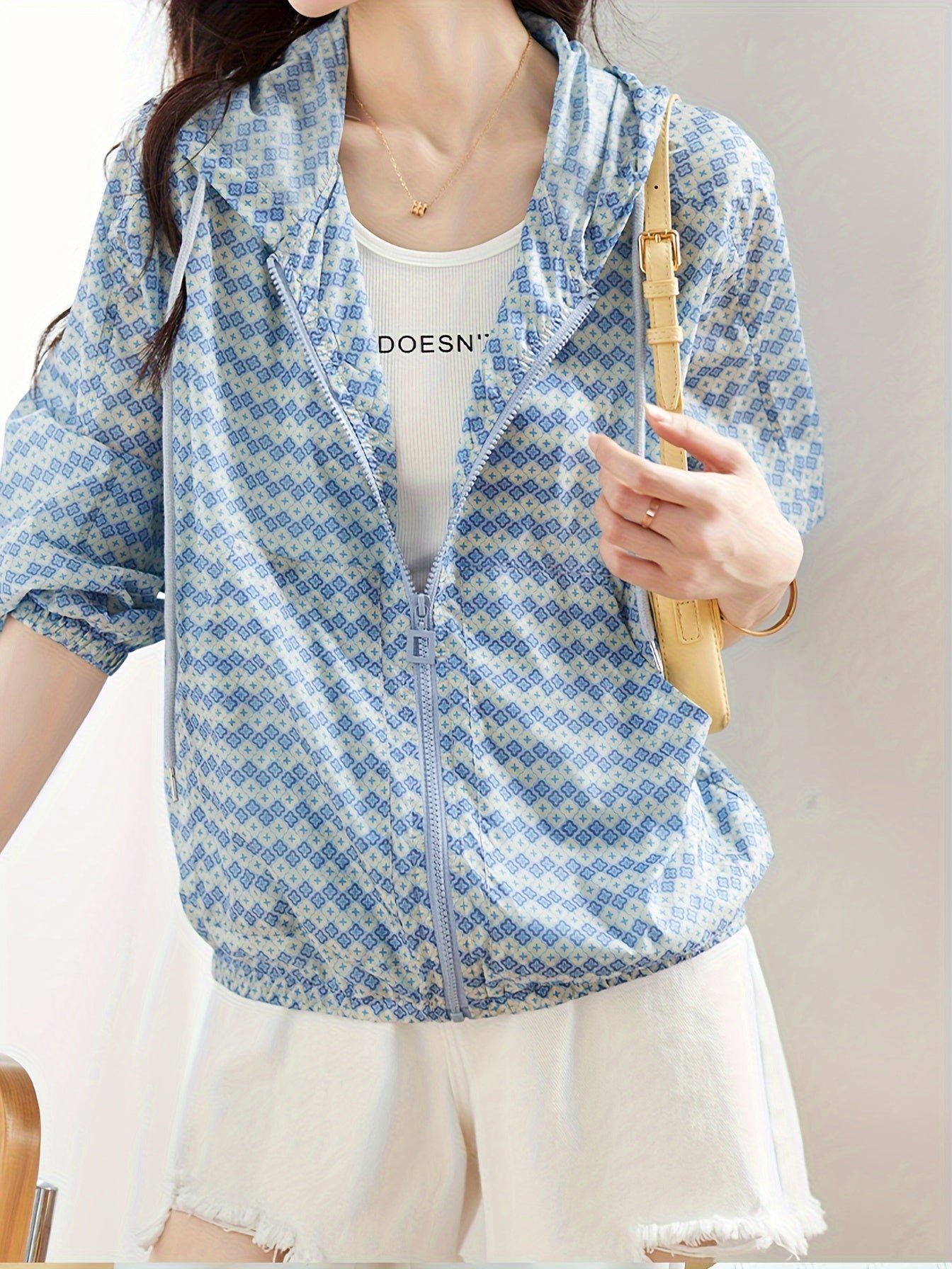 Allover Print Zipper Front Jacket, Casual Long Sleeve Drawstring Hooded Outwear For Spring & Fall, Women's Clothing