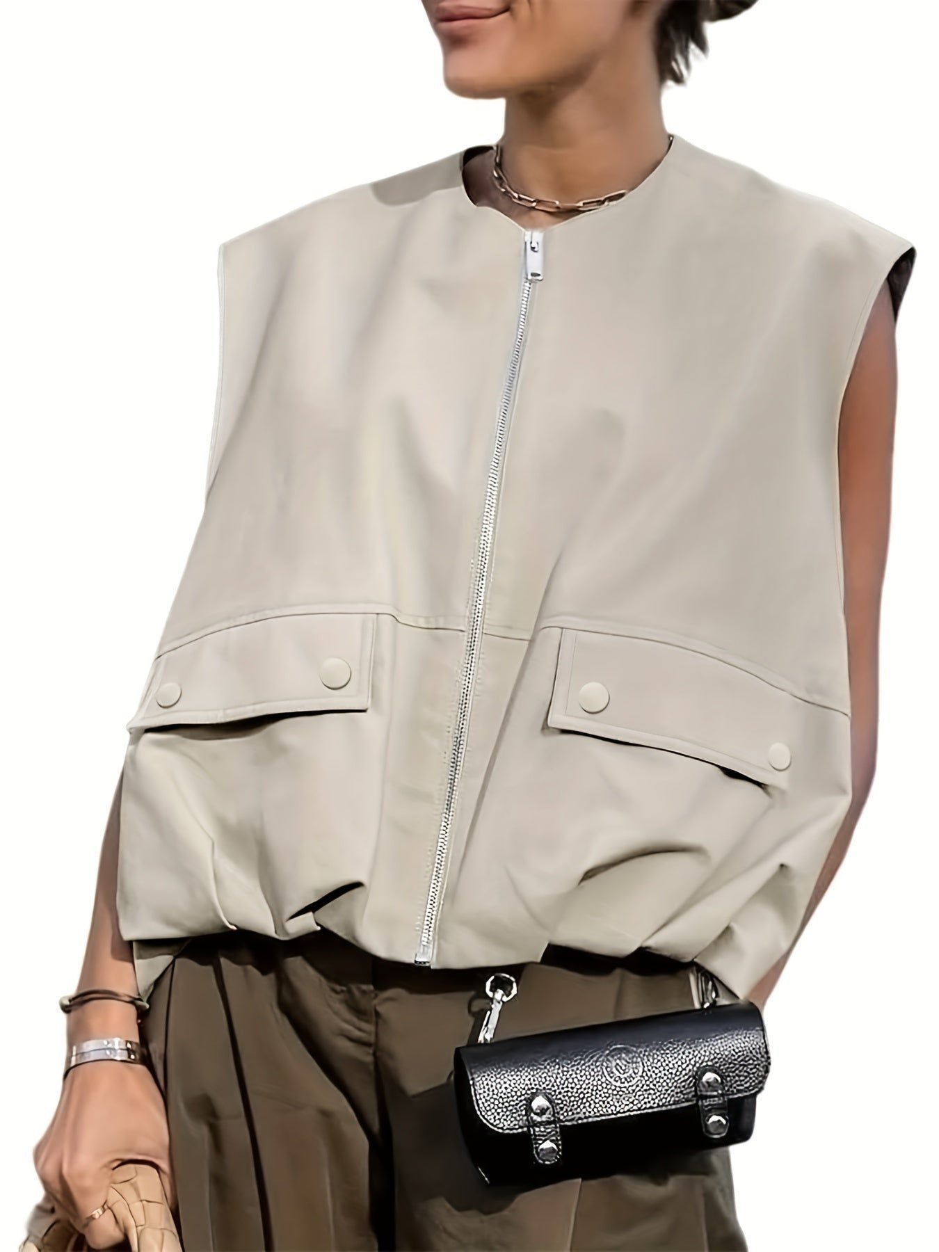 Zipper Loose Solid Vest Jacket, Casual Sleeveless Jacket For Spring & Summer, Women's Clothing