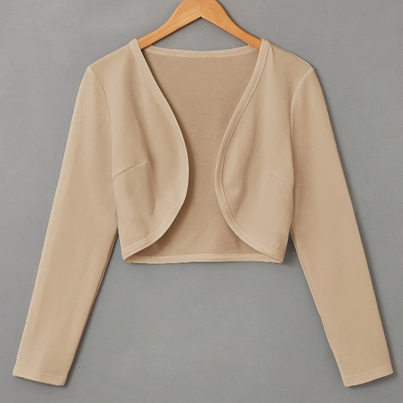 Solid Color Open Front Crop Jacket, Versatile Long Sleeve Outwear For Spring & Fall, Women's Clothing
