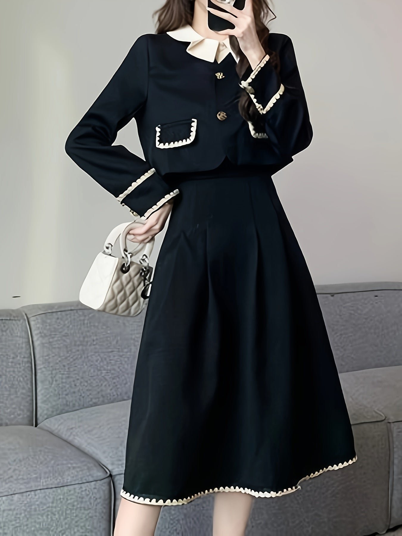 Elegant Button Front Contrast Trim Skirt Set, Long Sleeve Jacket & Pleated Midi Skirt Outfits, Women's Clothing